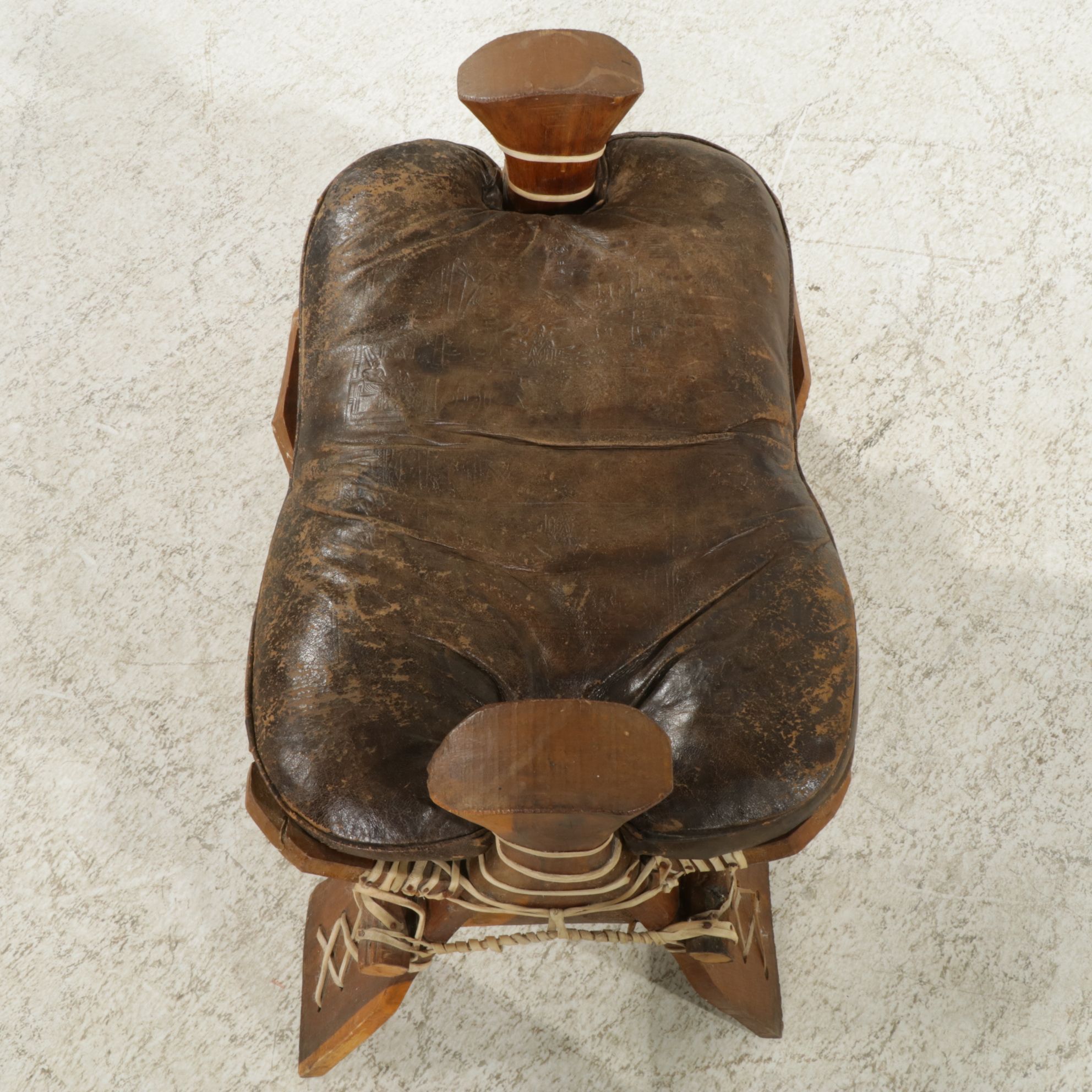Rustic Camel Saddle Style Footstool with Leather Cushion