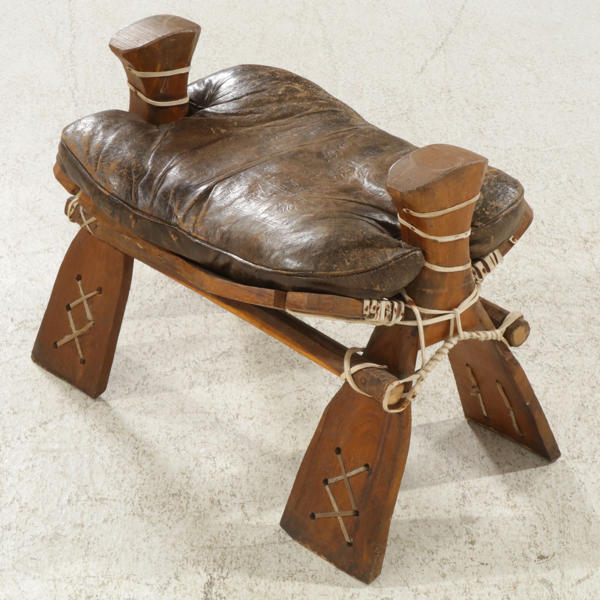Rustic Camel Saddle Style Footstool with Leather Cushion