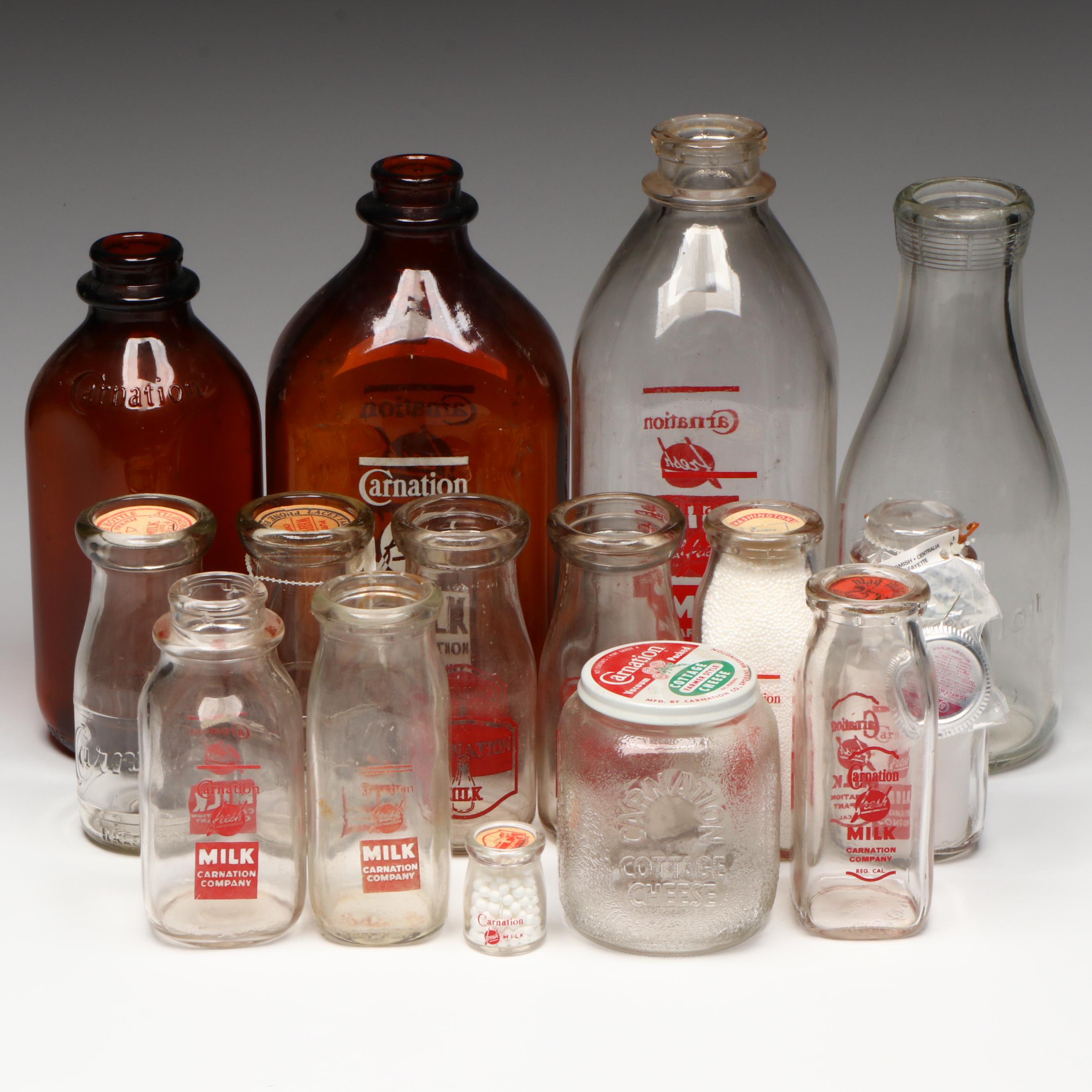 Carnation Milk and Cottage Cheese Advertising Glass Bottles, Mid-20th Century