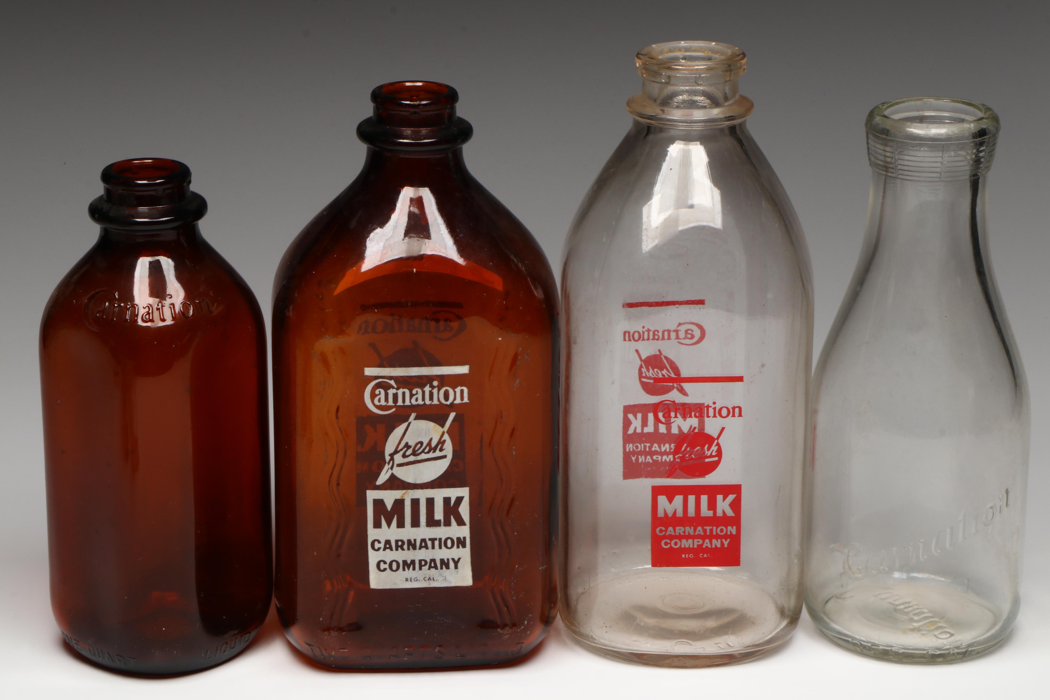 Carnation Milk and Cottage Cheese Advertising Glass Bottles, Mid-20th Century
