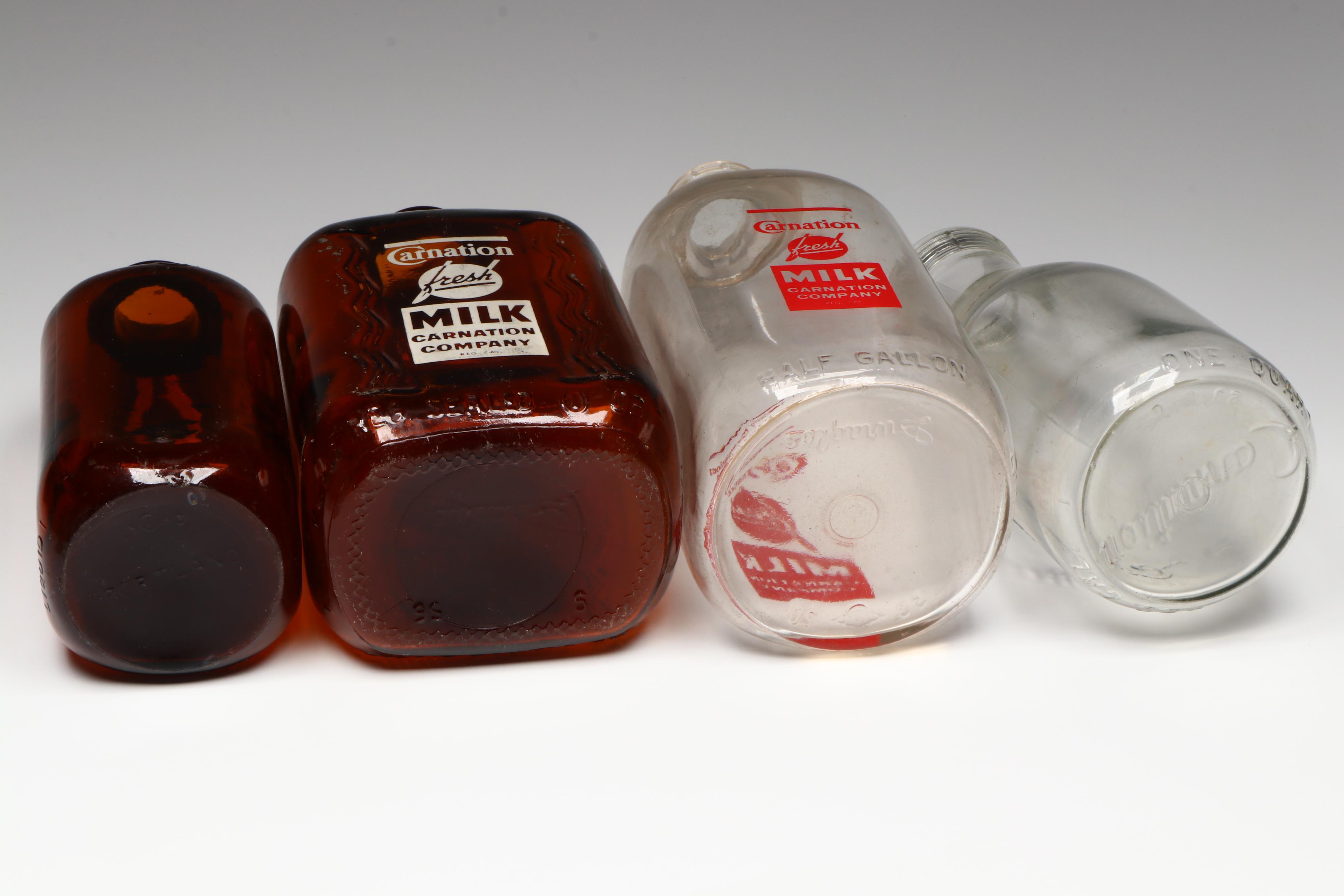 Carnation Milk and Cottage Cheese Advertising Glass Bottles, Mid-20th Century