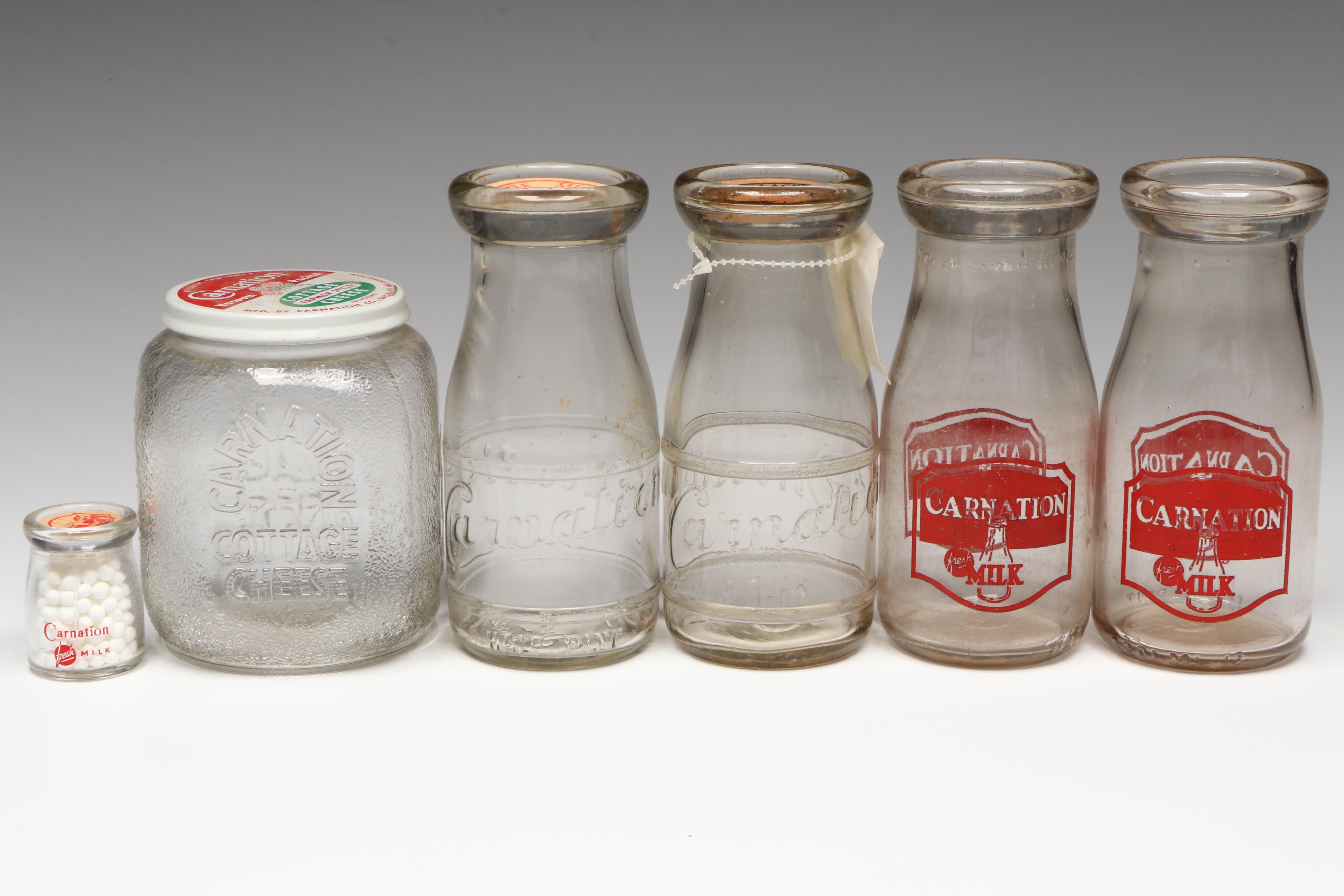 Carnation Milk and Cottage Cheese Advertising Glass Bottles, Mid-20th Century