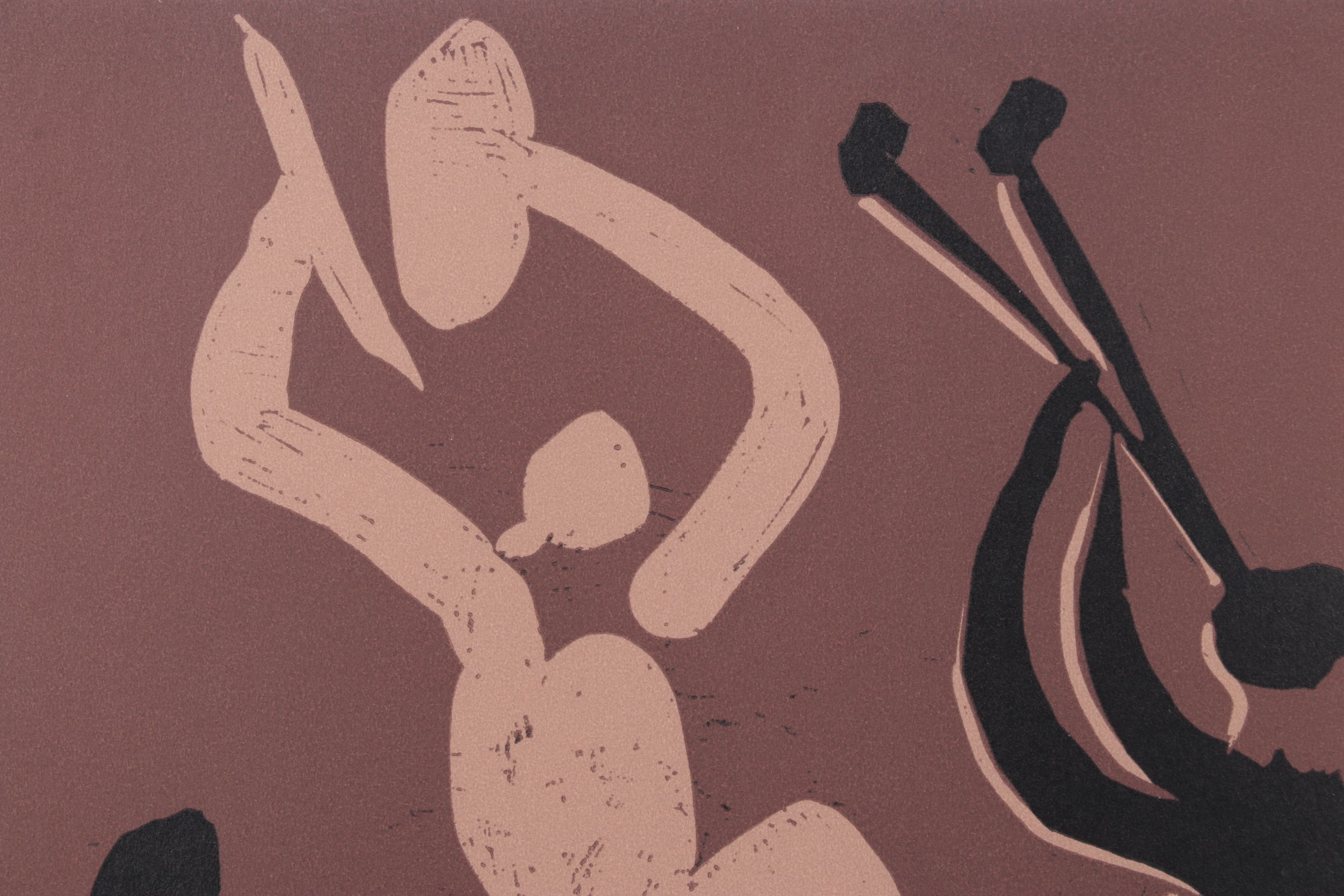 Pablo Picasso Linoleum Cut "Mother and Child With Dancer and Flute Player"