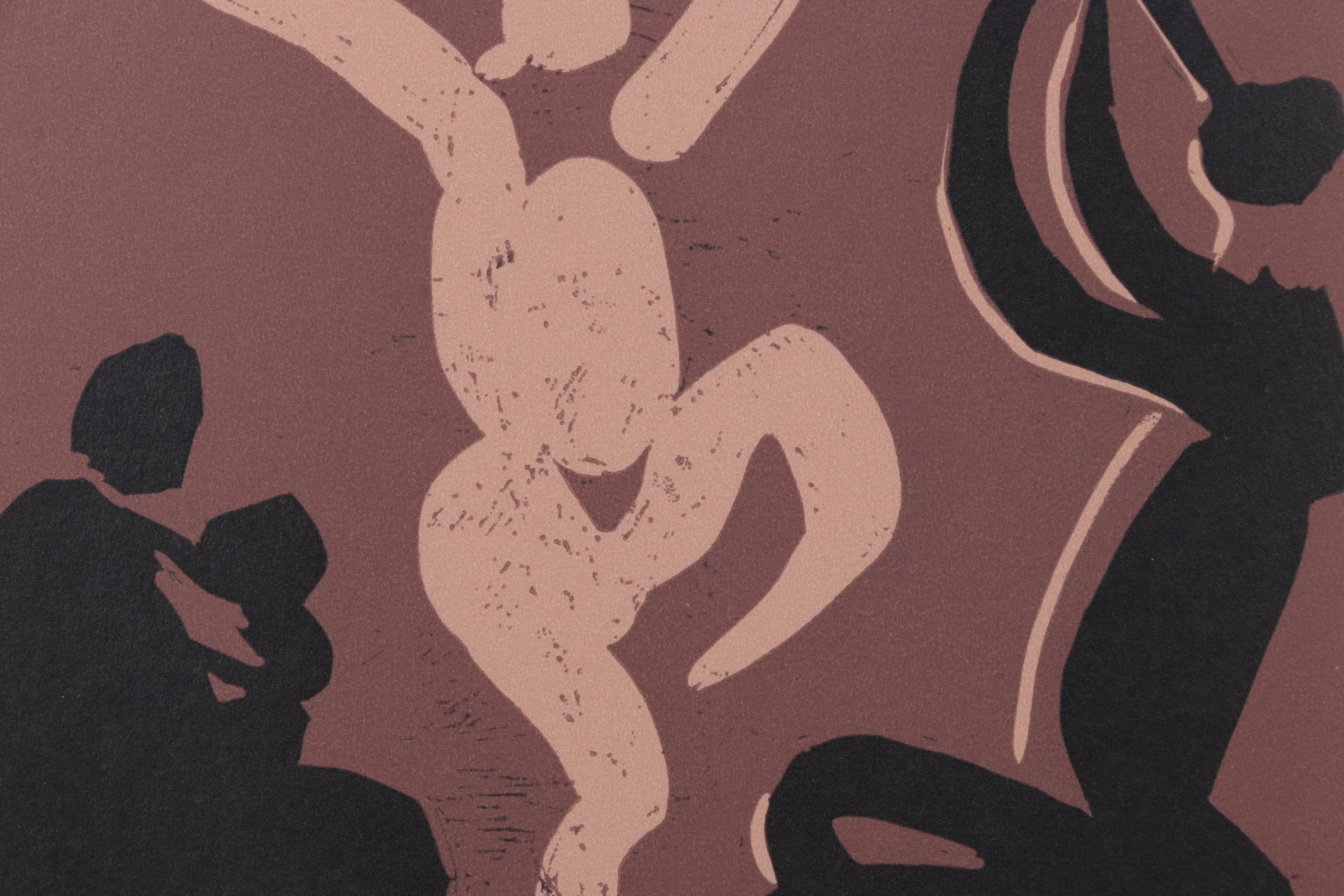 Pablo Picasso Linoleum Cut "Mother and Child With Dancer and Flute Player"