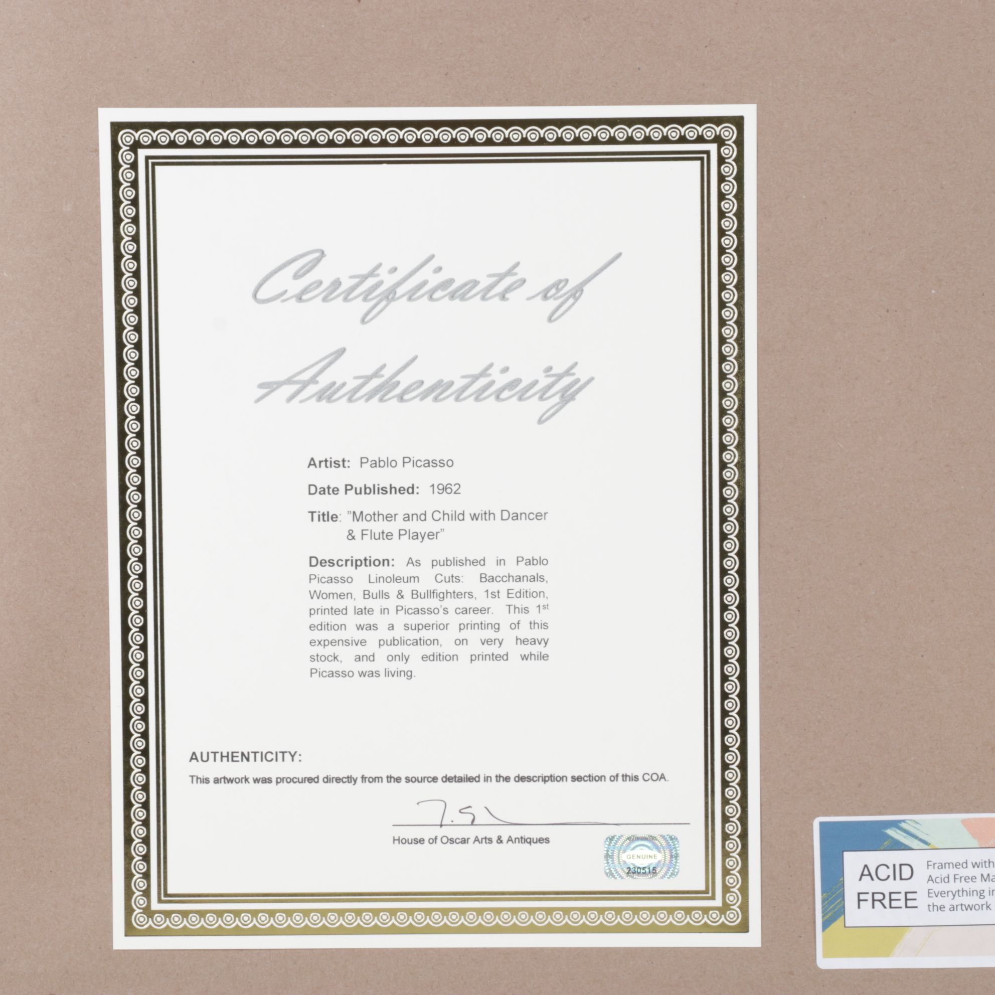 Pablo Picasso Linoleum Cut "Mother and Child With Dancer and Flute Player"