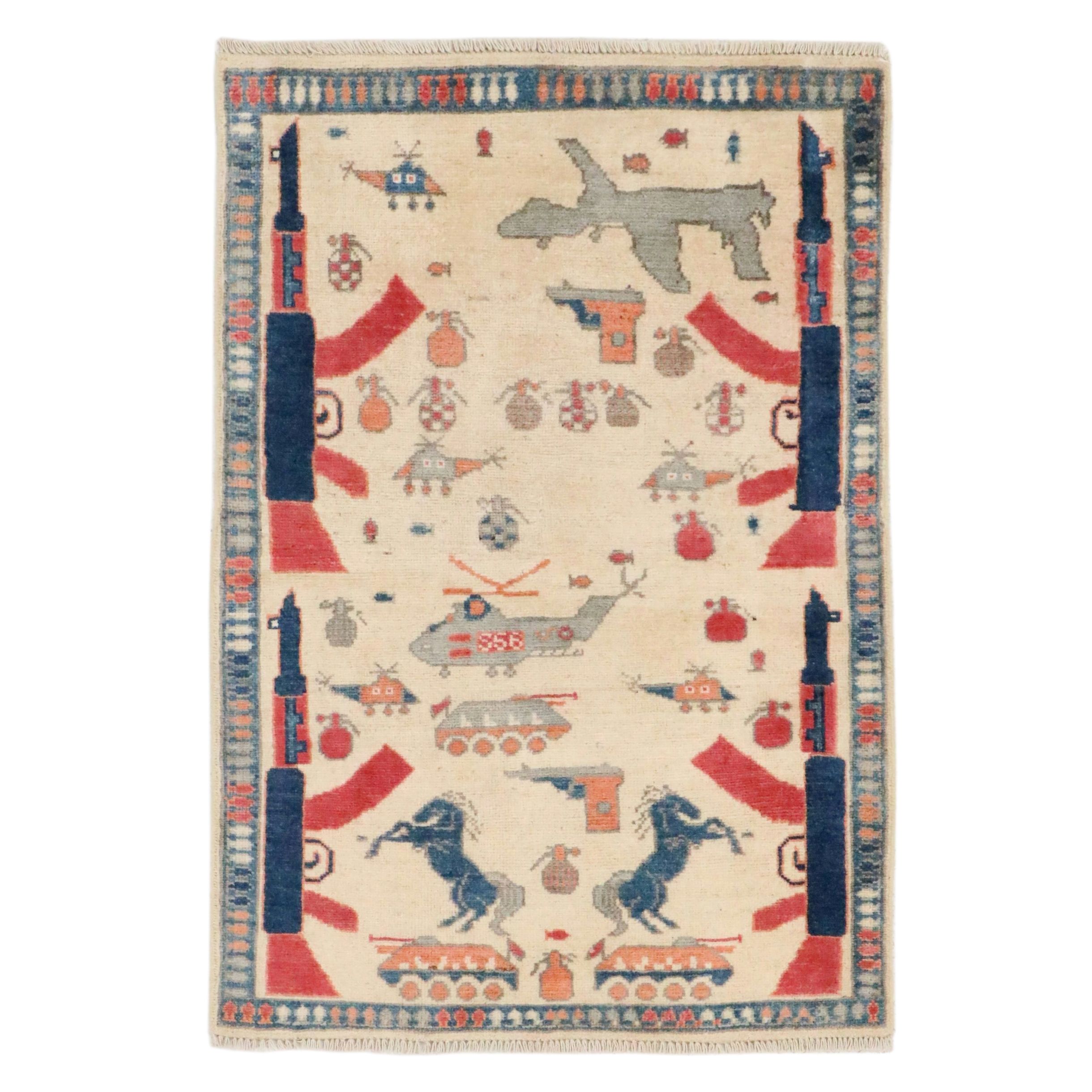 2'9 x 4'1 Hand-Knotted Afghan Pictorial War Rug Accent Rug