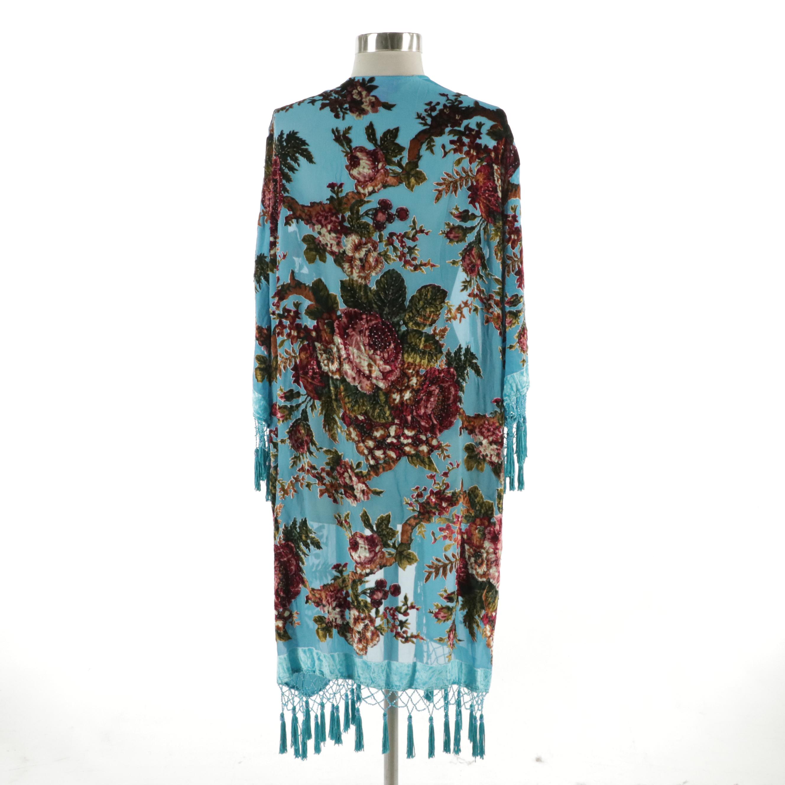 Suzanne Somers Collection Bead Embellished Floral Silk Rayon Tassel Kimono