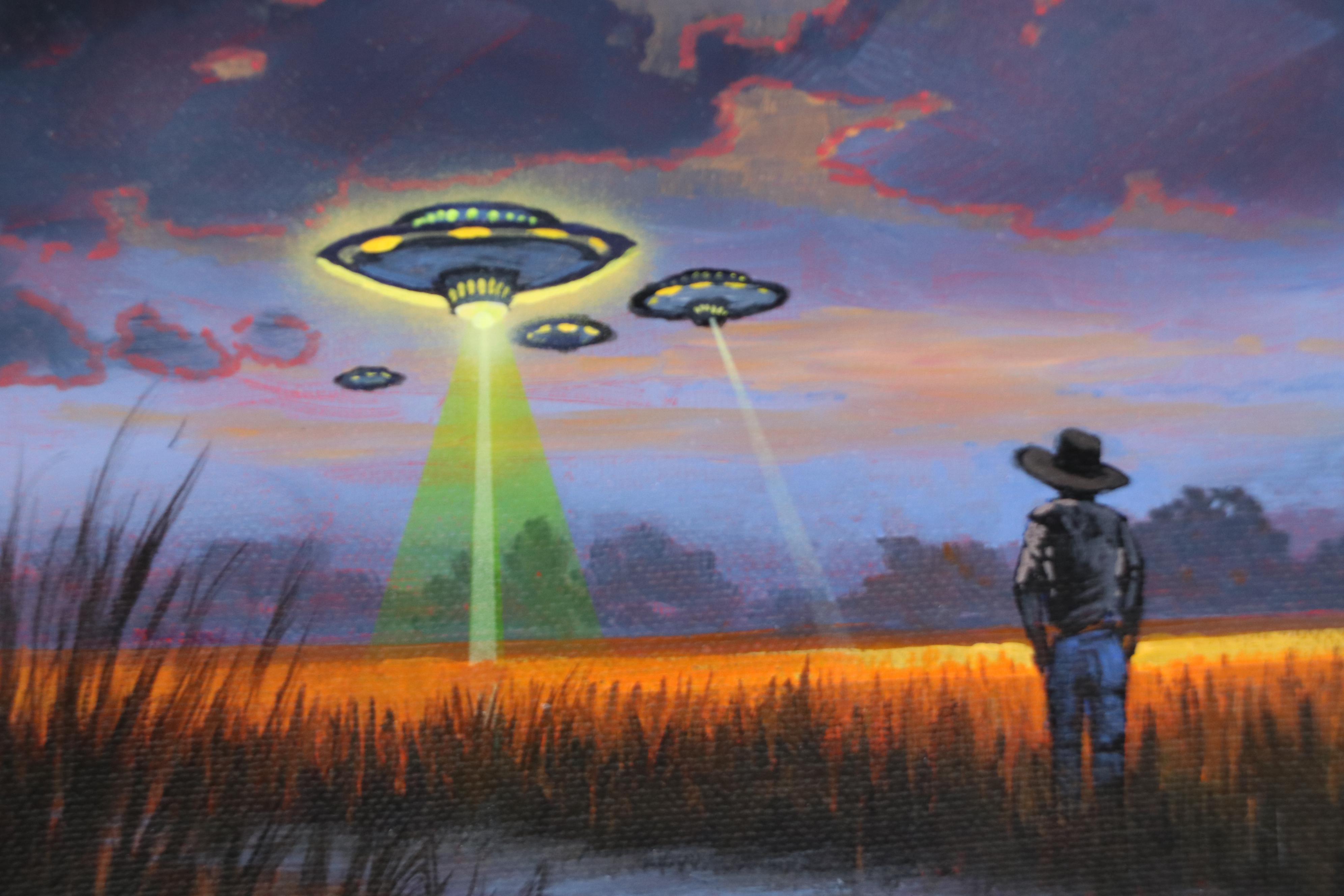 Doug "Bumo" Johnpeer Landscape Oil Painting with UFOs "Crop Circles," 2025
