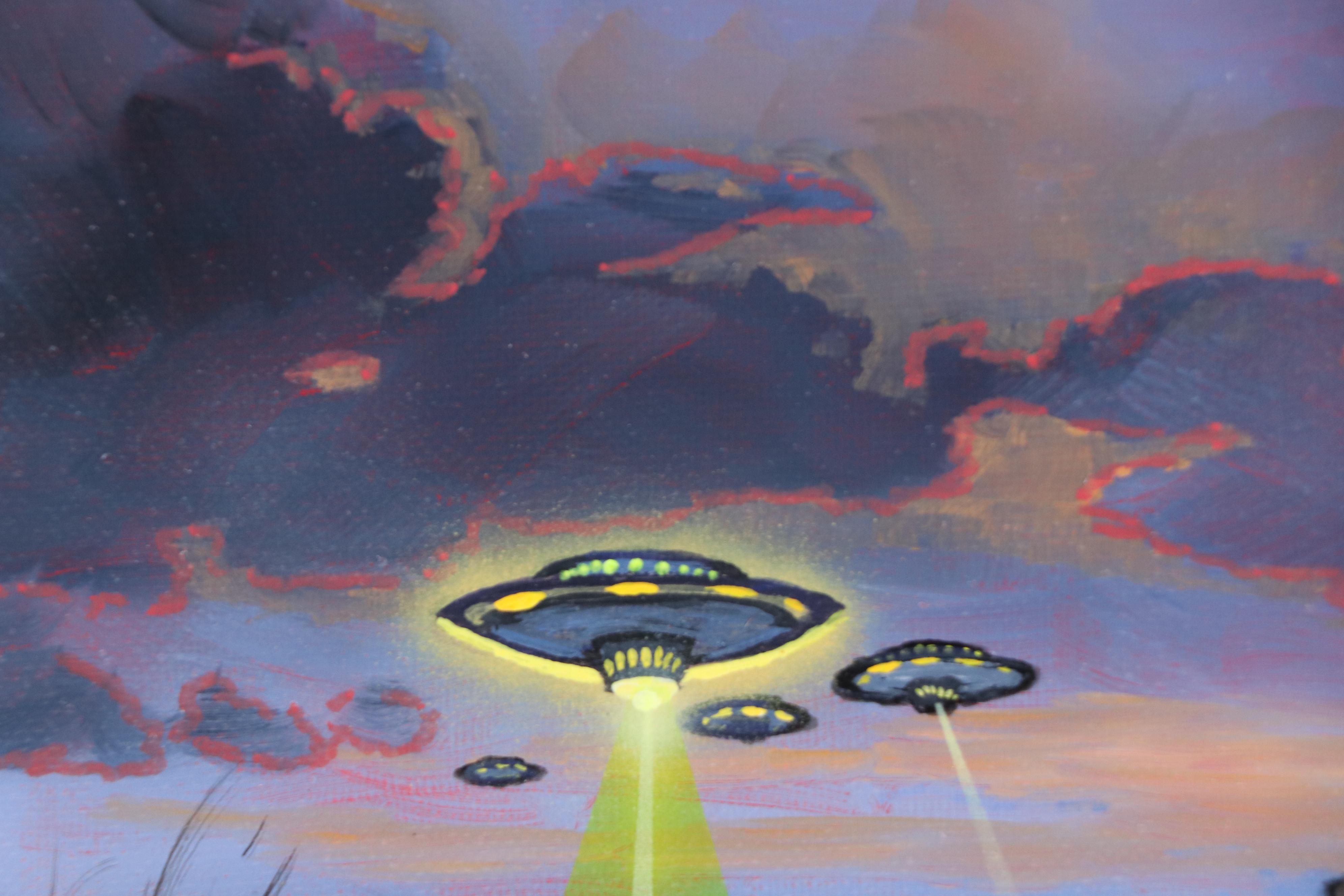 Doug "Bumo" Johnpeer Landscape Oil Painting with UFOs "Crop Circles," 2025