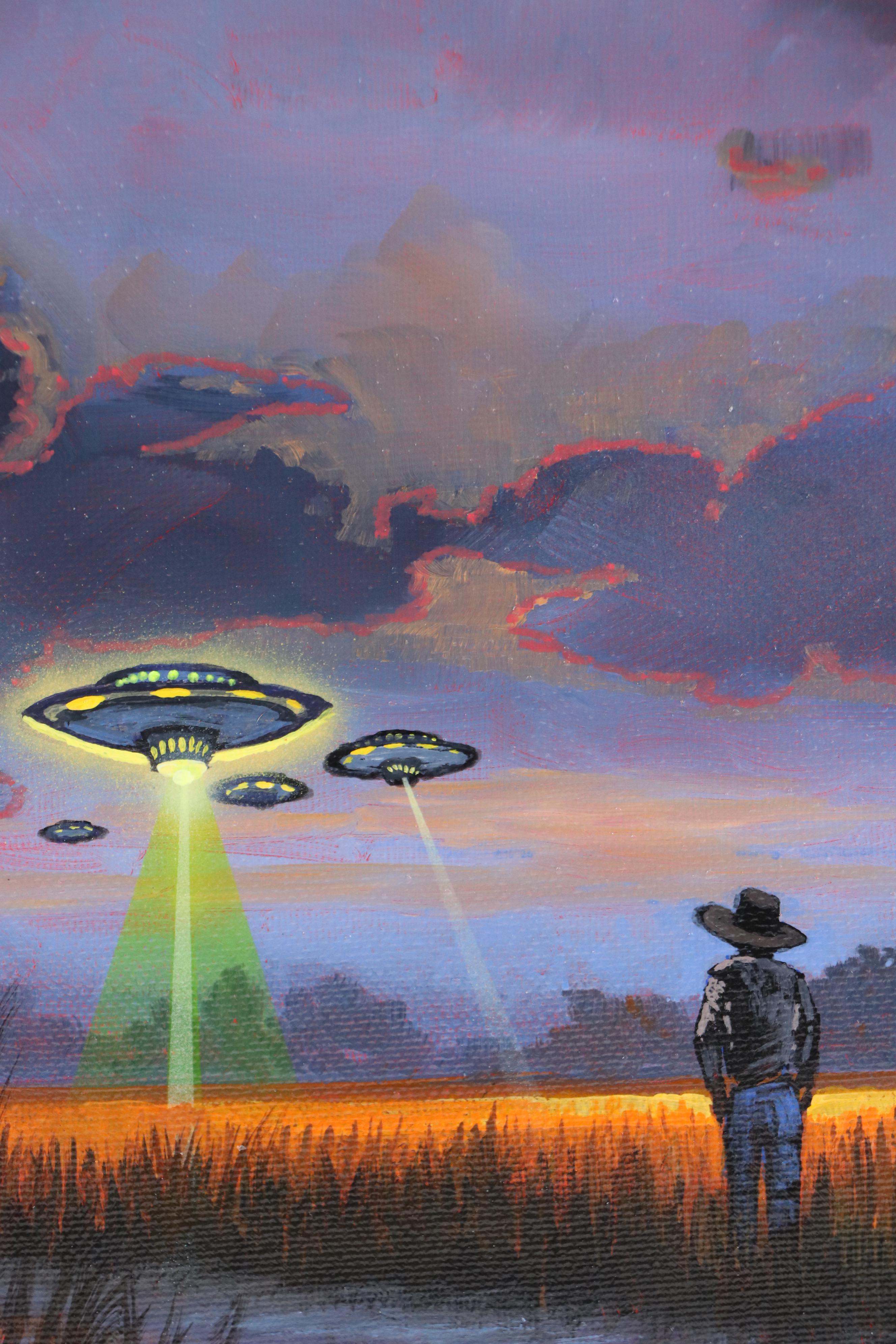 Doug "Bumo" Johnpeer Landscape Oil Painting with UFOs "Crop Circles," 2025