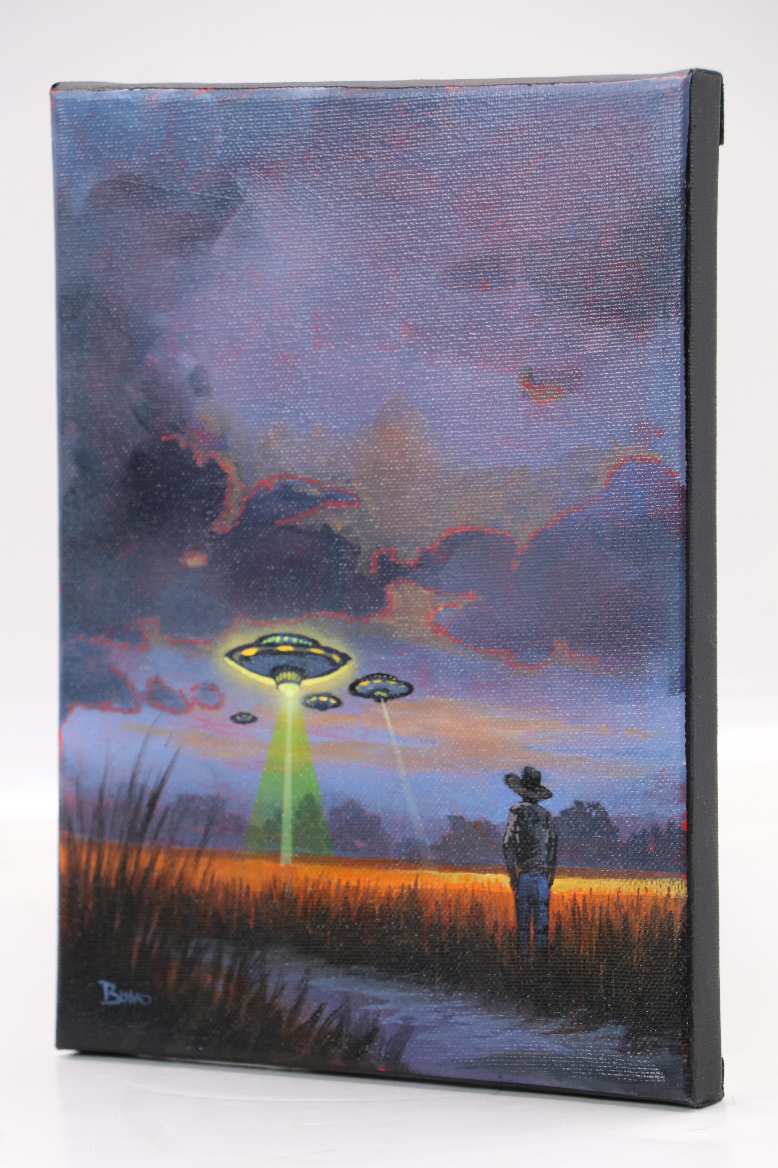 Doug "Bumo" Johnpeer Landscape Oil Painting with UFOs "Crop Circles," 2025