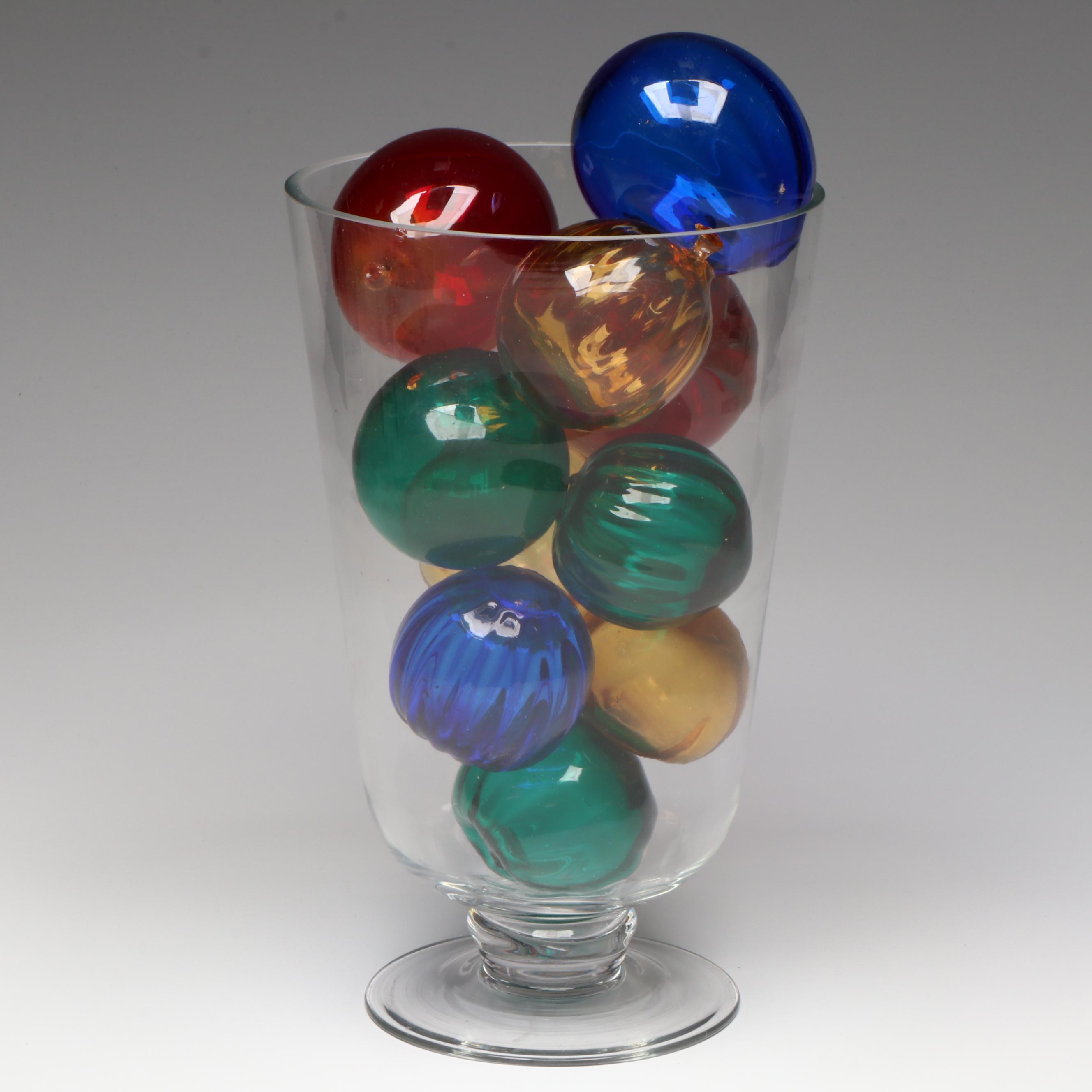Multi-Colored Blown Glass Orbs in Clear Glass Vase