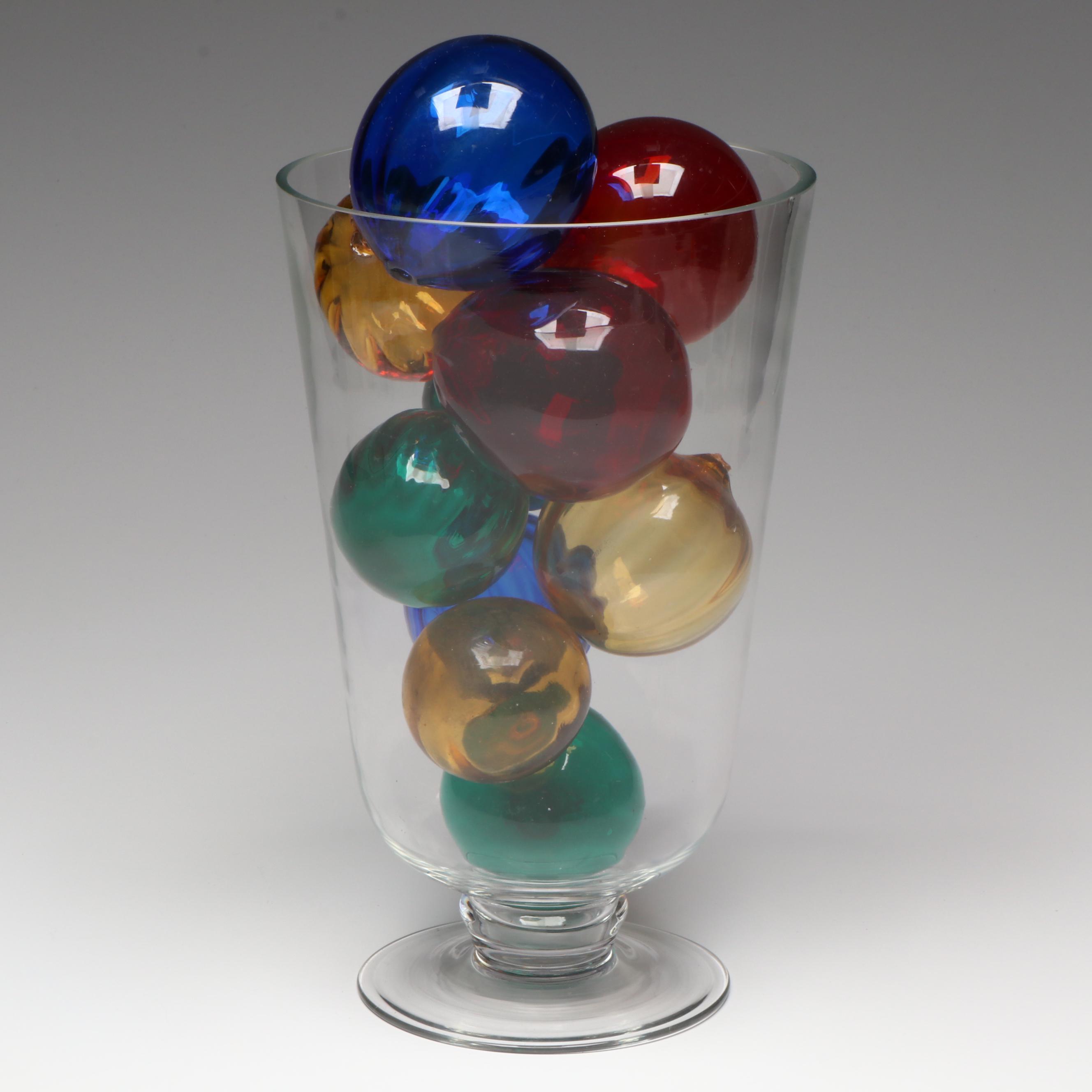 Multi-Colored Blown Glass Orbs in Clear Glass Vase