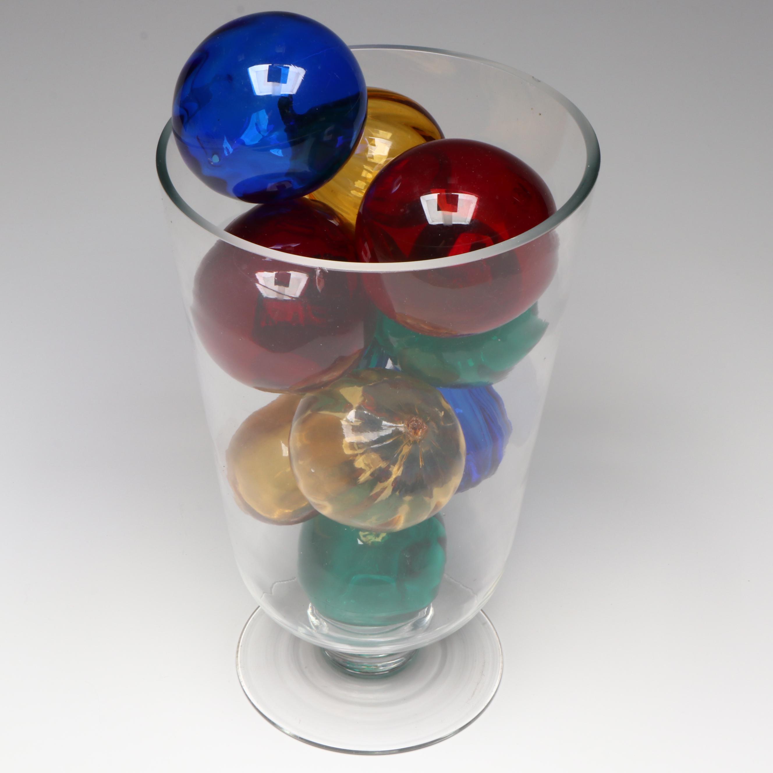 Multi-Colored Blown Glass Orbs in Clear Glass Vase