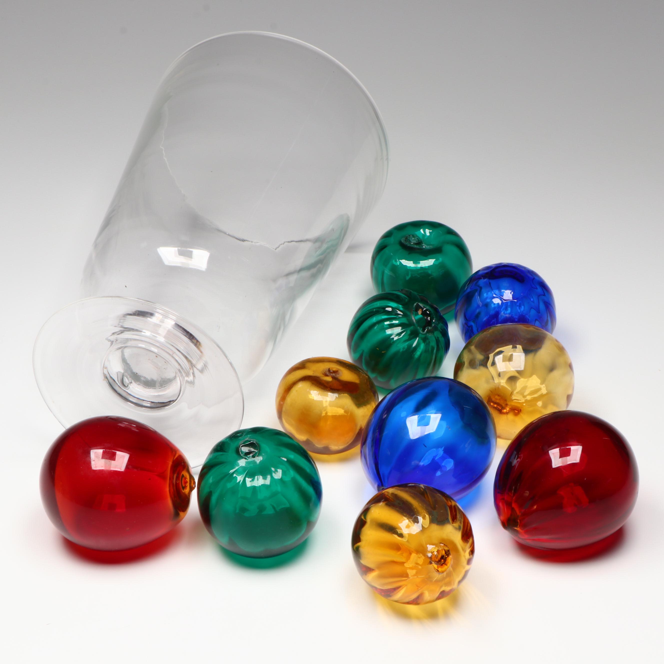 Multi-Colored Blown Glass Orbs in Clear Glass Vase