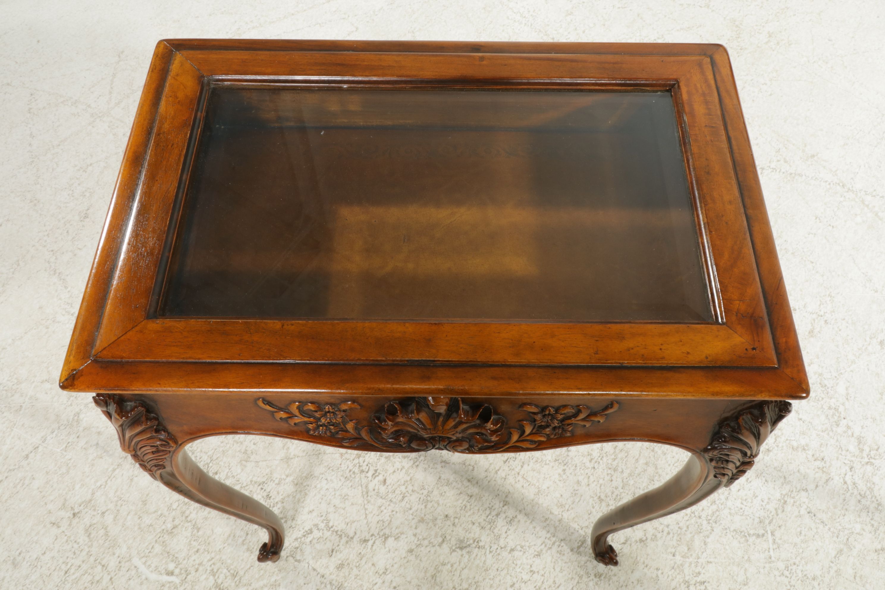Theodore Alexander Louis XV Style Carved Fruitwood Glass Top Vitrine Table