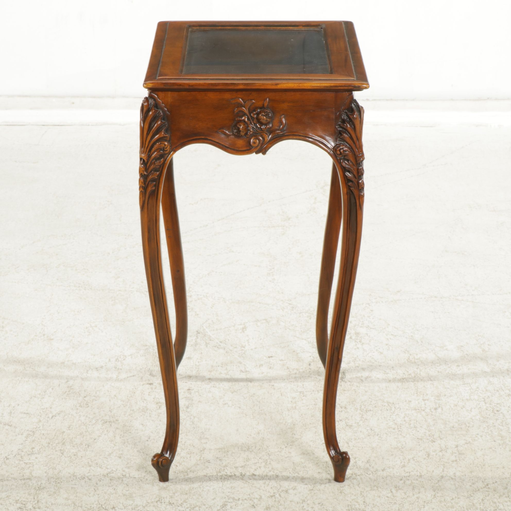 Theodore Alexander Louis XV Style Carved Fruitwood Glass Top Vitrine Table
