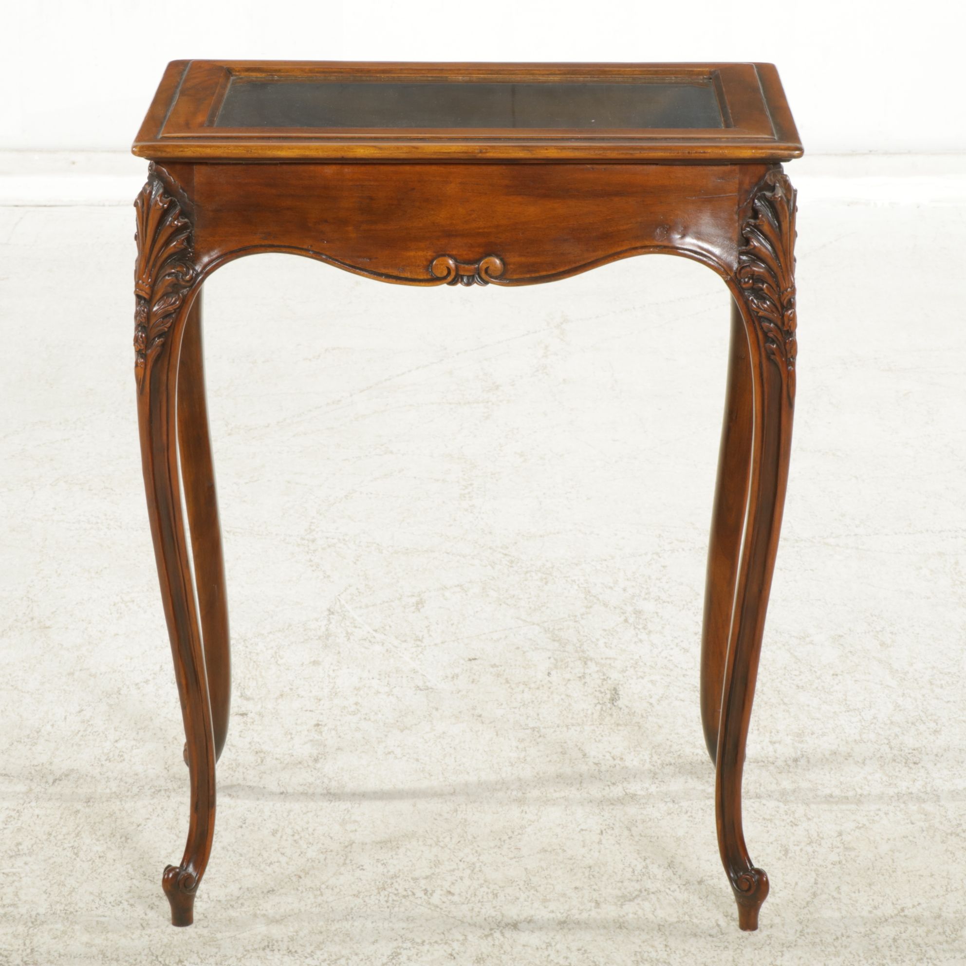 Theodore Alexander Louis XV Style Carved Fruitwood Glass Top Vitrine Table