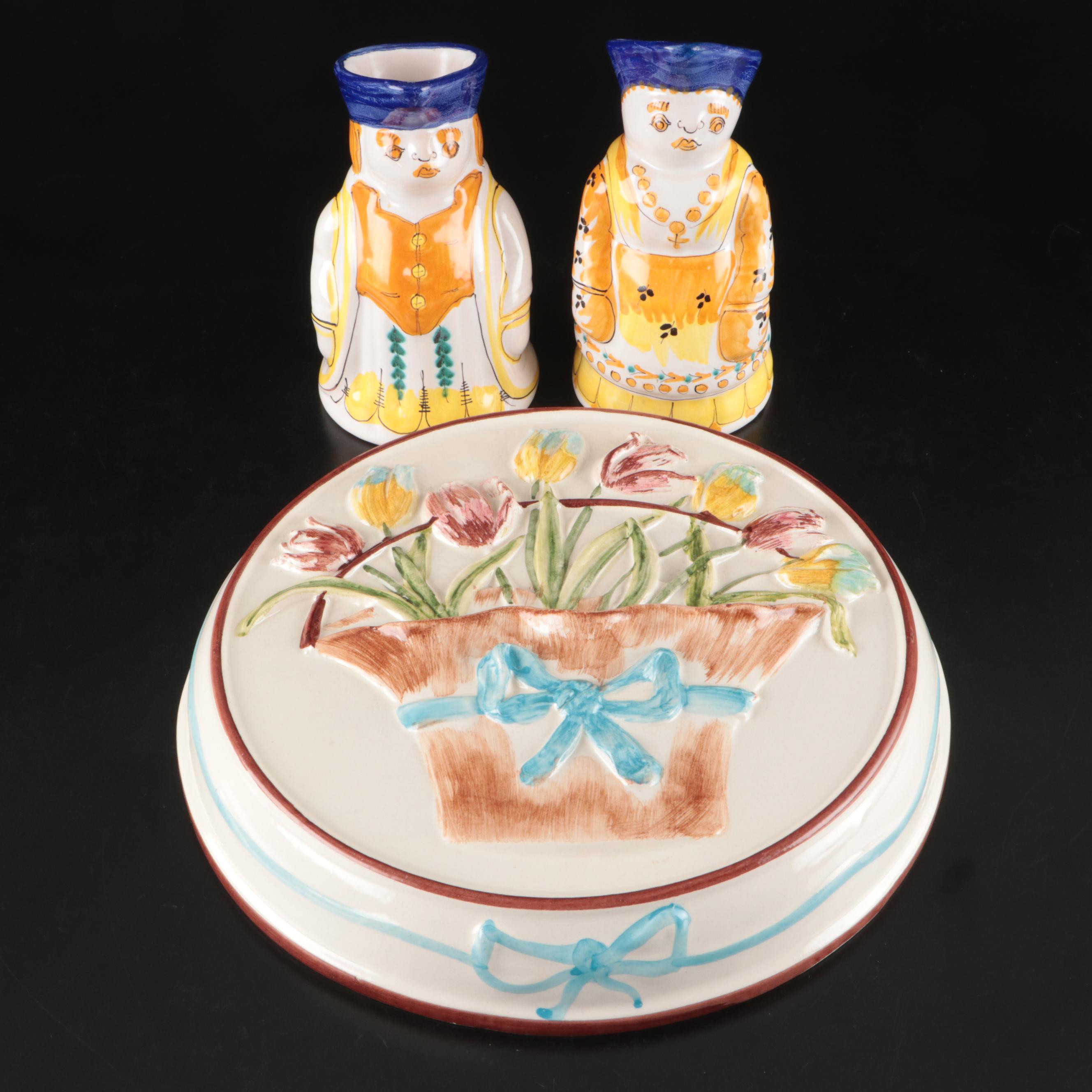 Italian Bouquet Porcelain Wall Hanging Plate with Figural Creamers