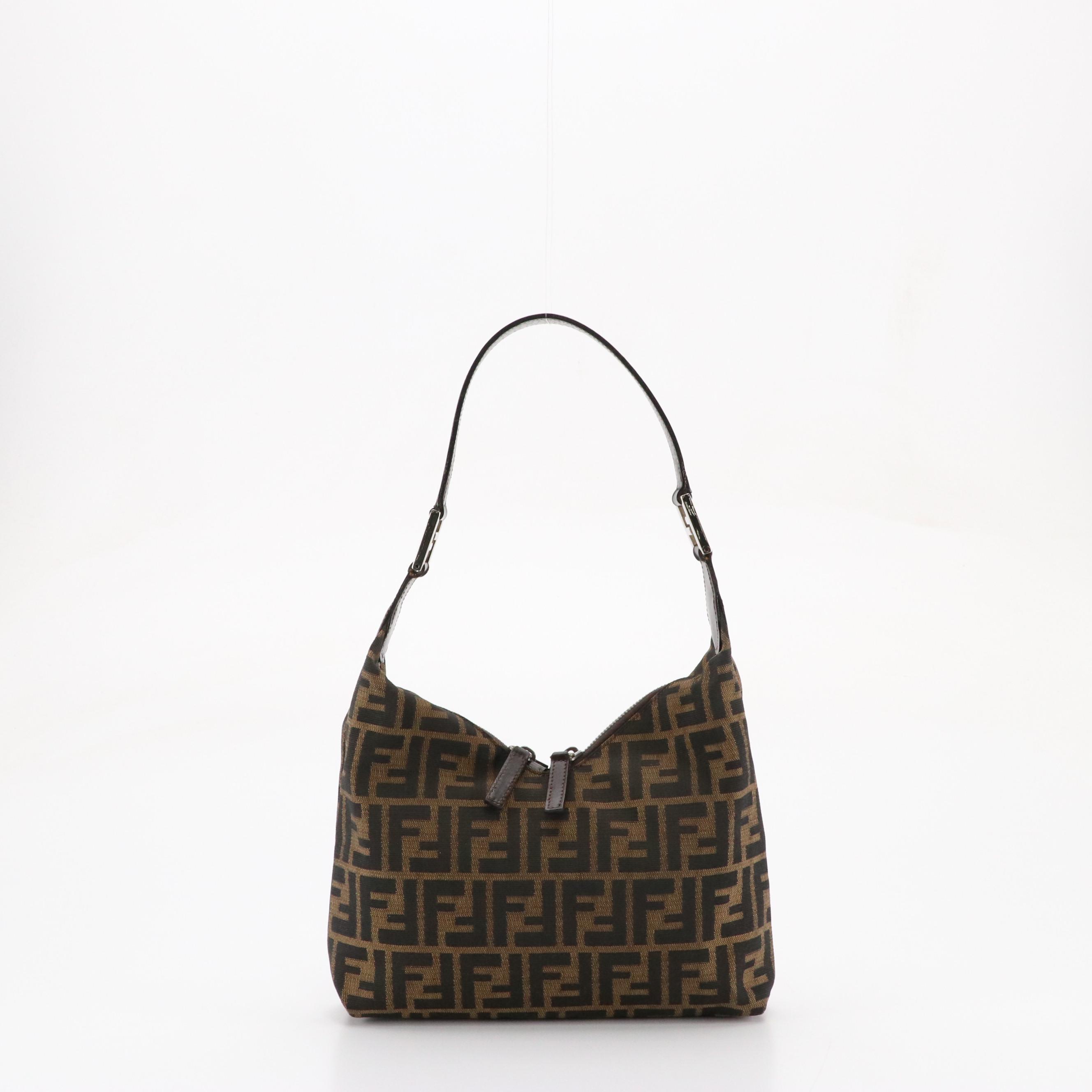 Fendi Double-Zip Shoulder Bag in Zucca Nylon Jacquard and Leather Trim