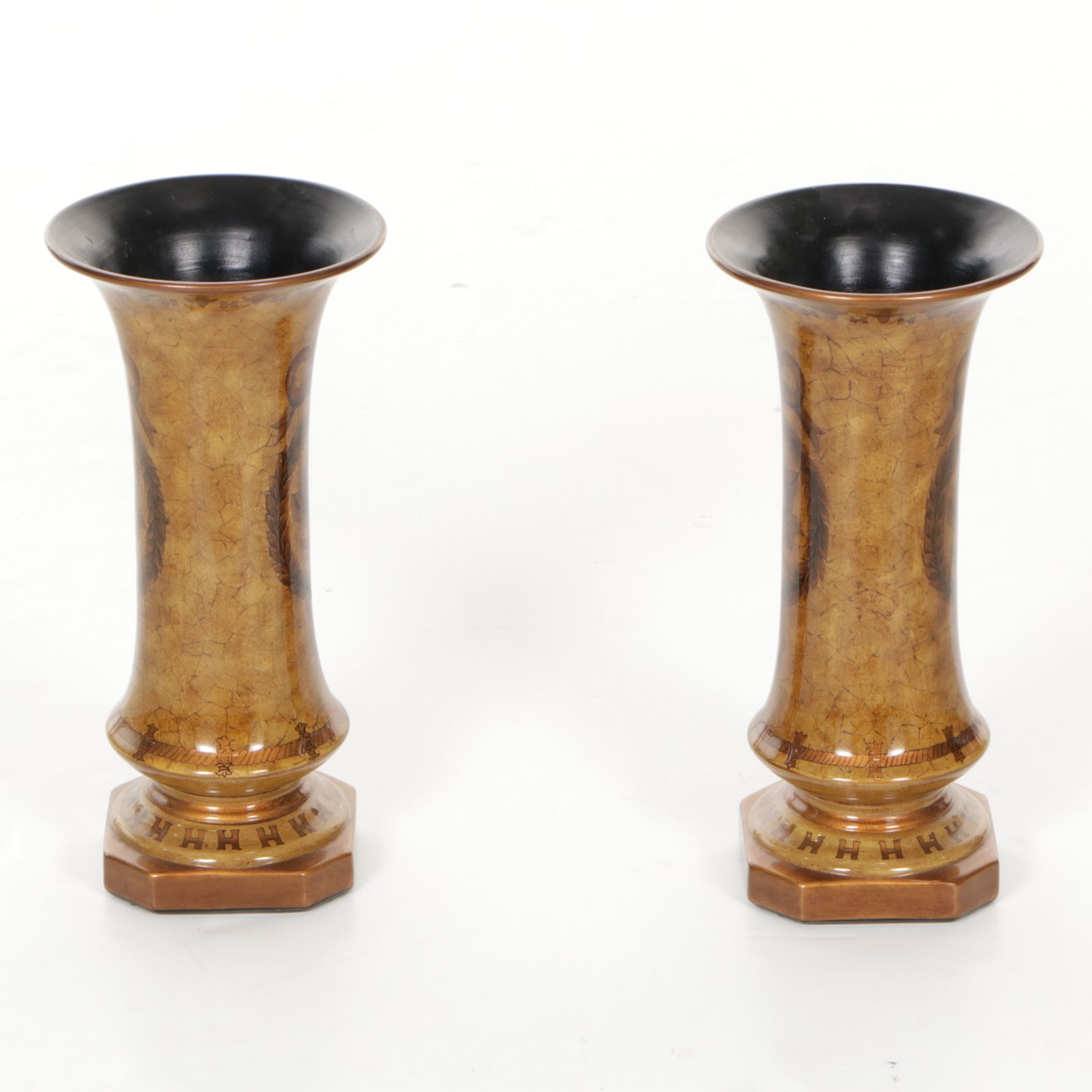 Pair of Ceramic Decorative Crackle Vases with Rose Motifs