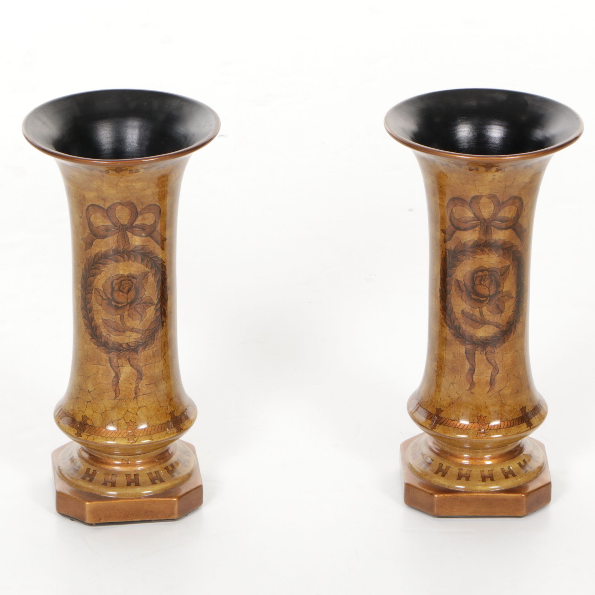 Pair of Ceramic Decorative Crackle Vases with Rose Motifs