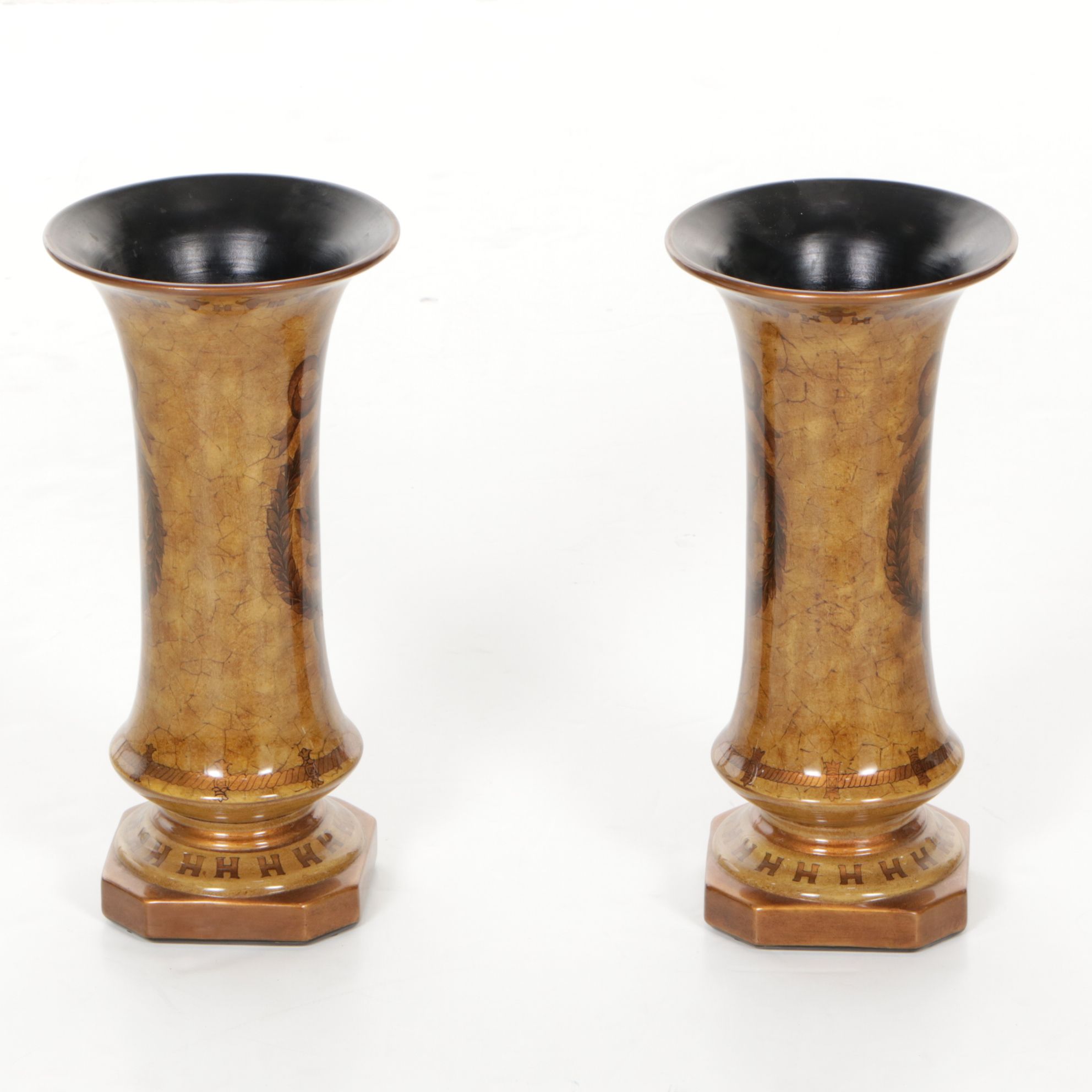 Pair of Ceramic Decorative Crackle Vases with Rose Motifs