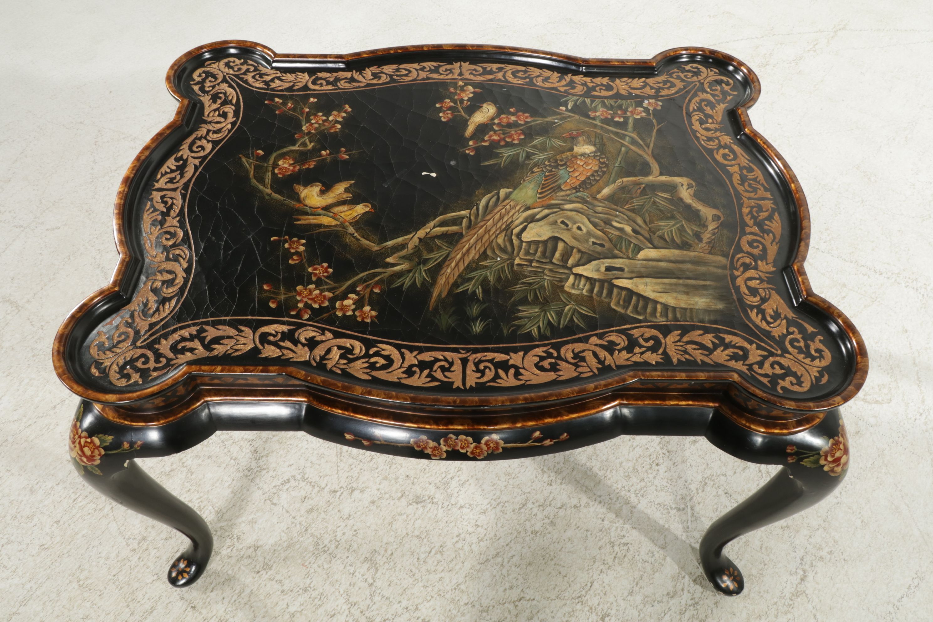 Chinese Black Lacquer Cocktail Table with Carved and Painted Decoration