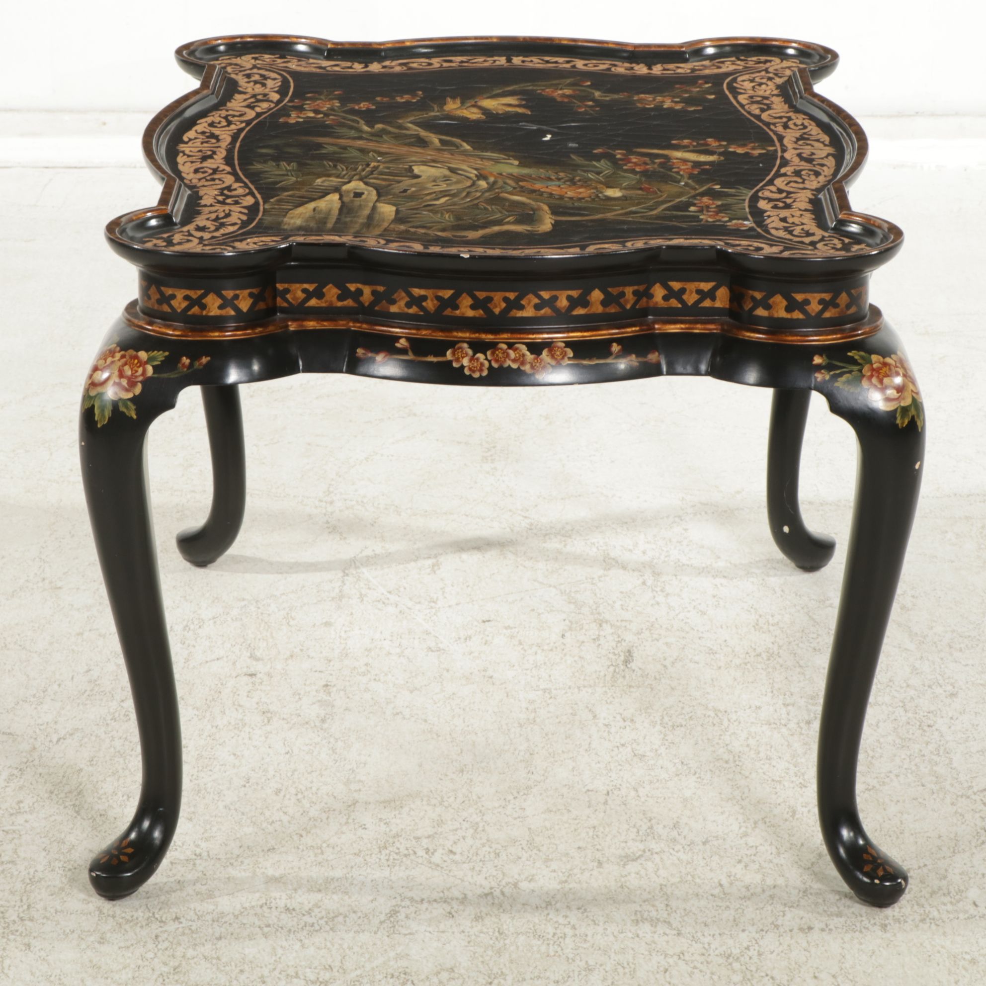 Chinese Black Lacquer Cocktail Table with Carved and Painted Decoration