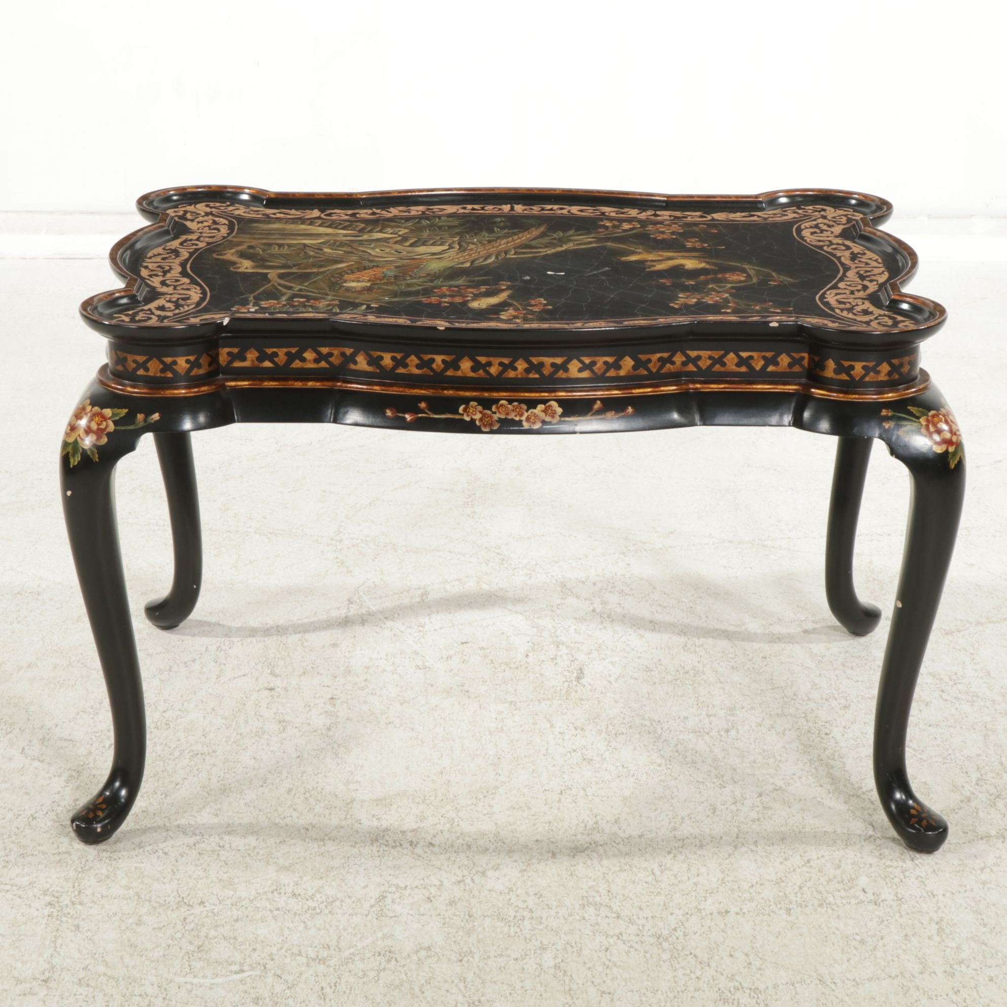 Chinese Black Lacquer Cocktail Table with Carved and Painted Decoration