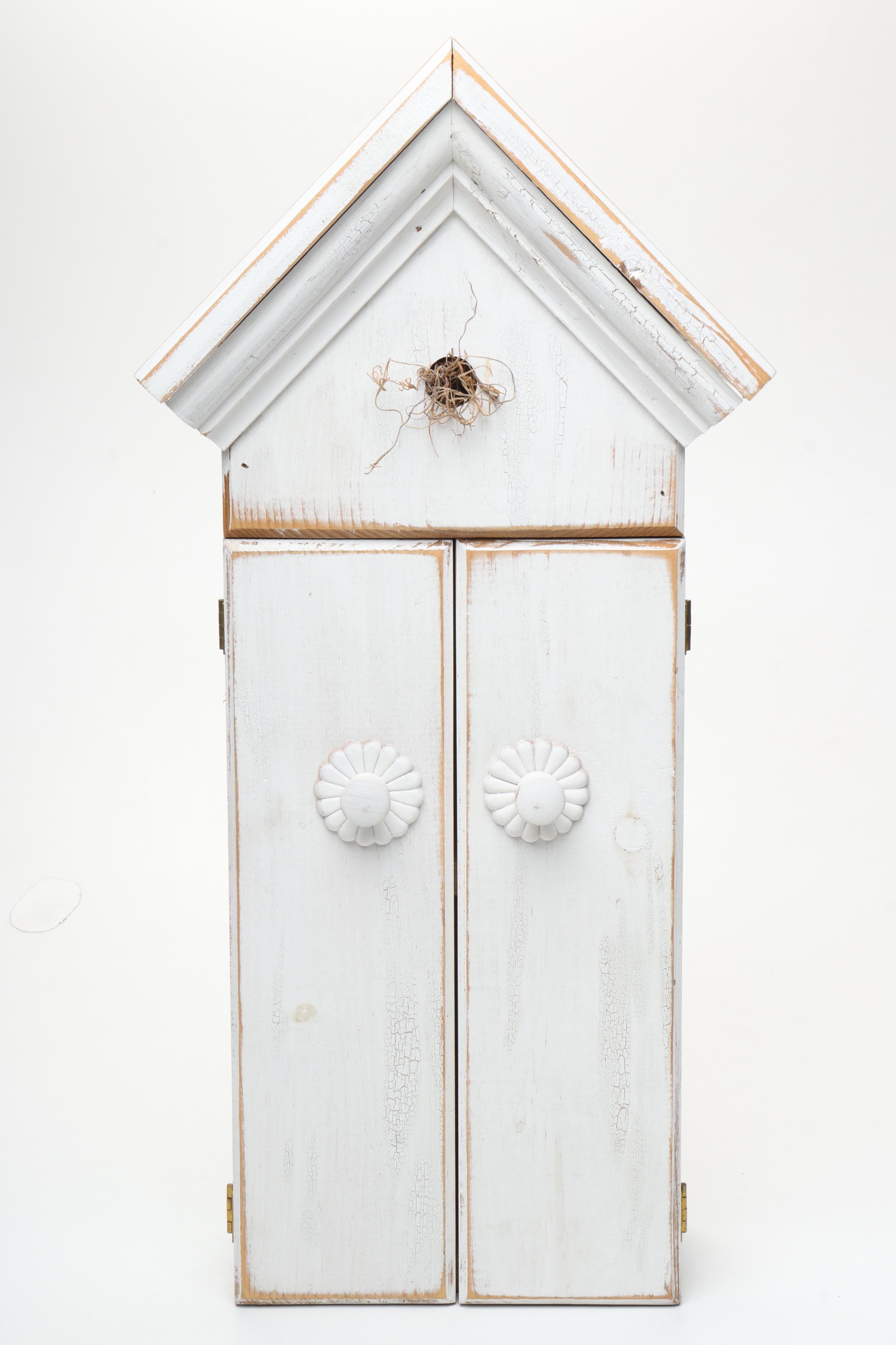 Woven Basket with Wooden Birdhouse Style Cabinet