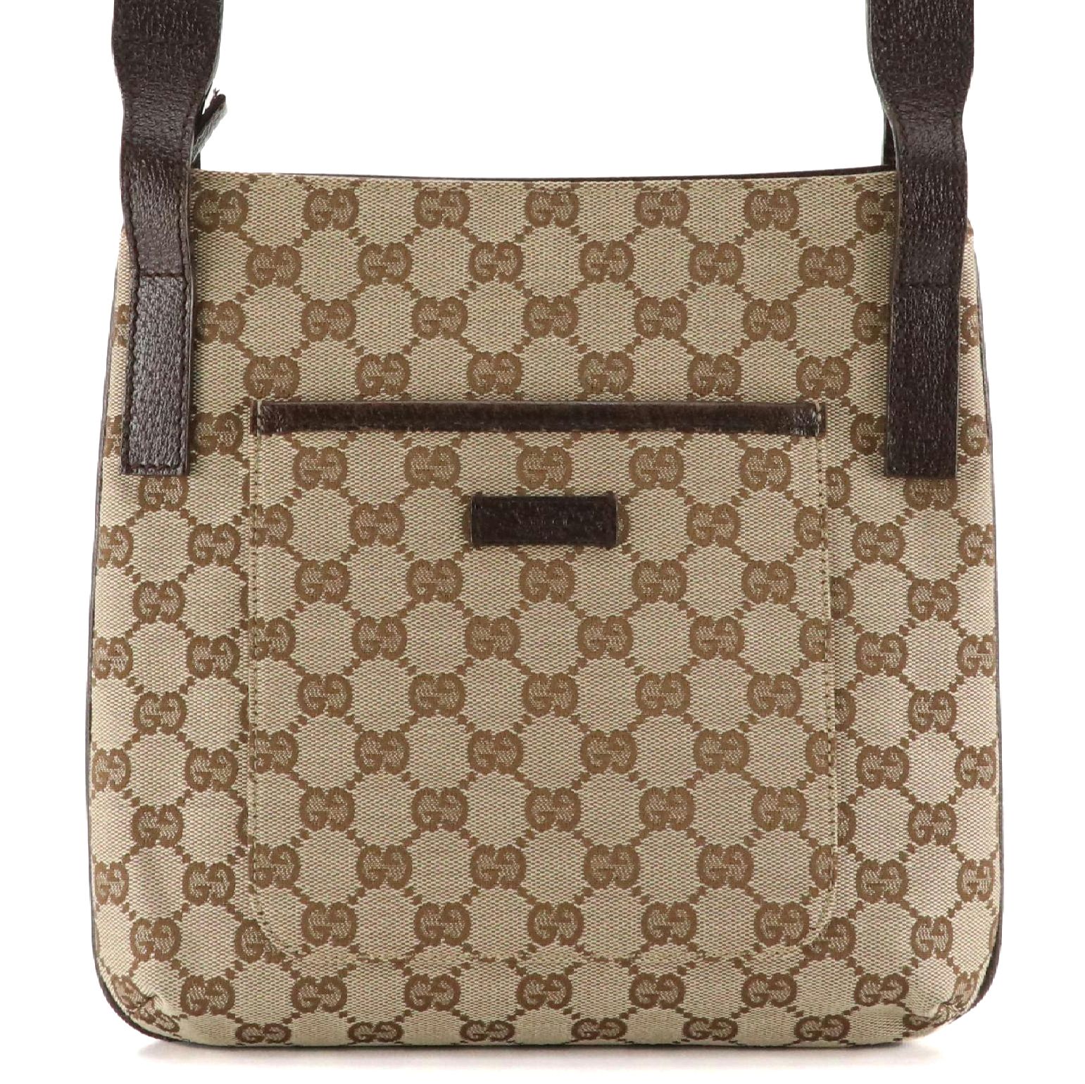Gucci Flat Messenger Bag in GG Canvas and Brown Cinghiale Leather Trim