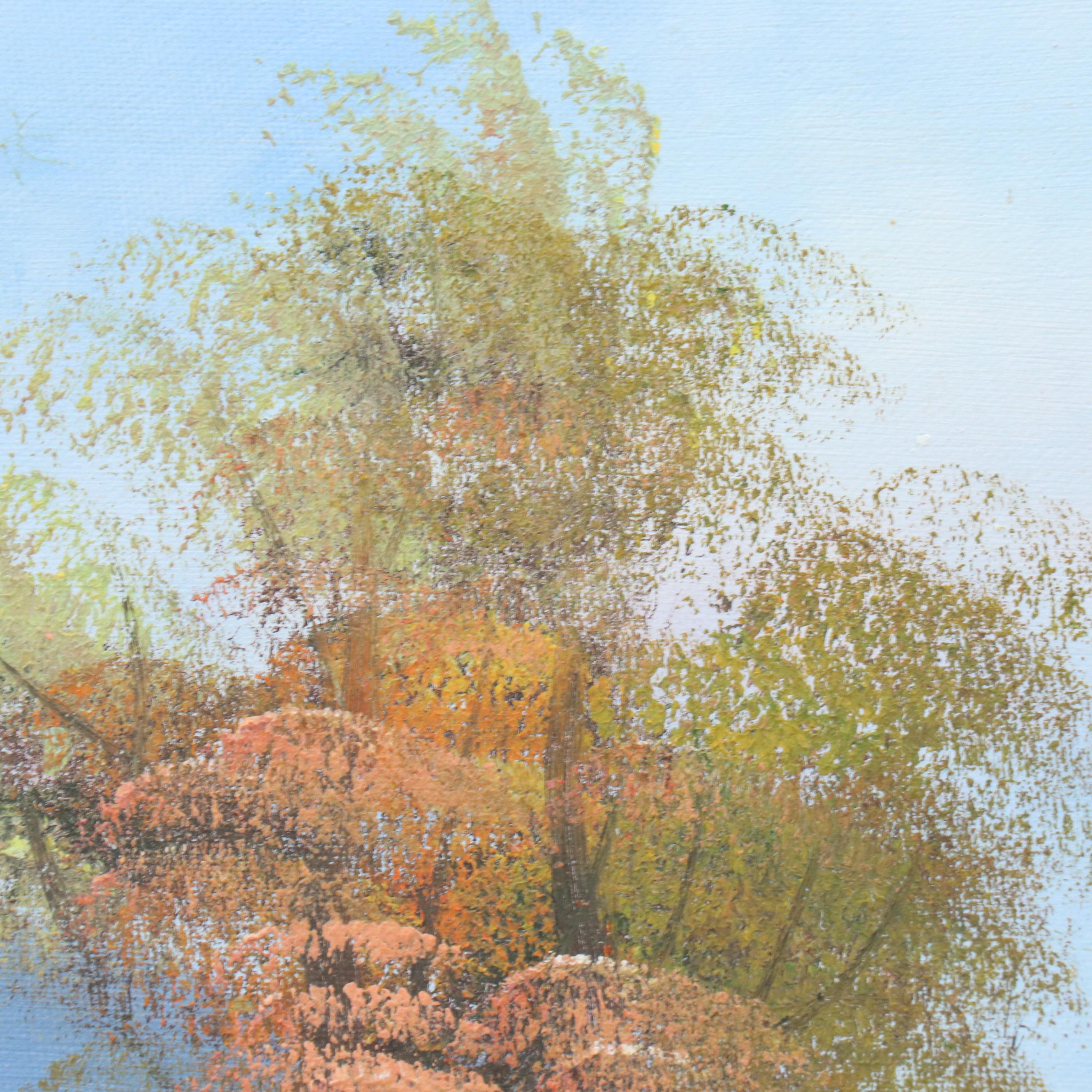 Idyllic Lake Landscape With Cottage Oil Painting, Mid-20th Century