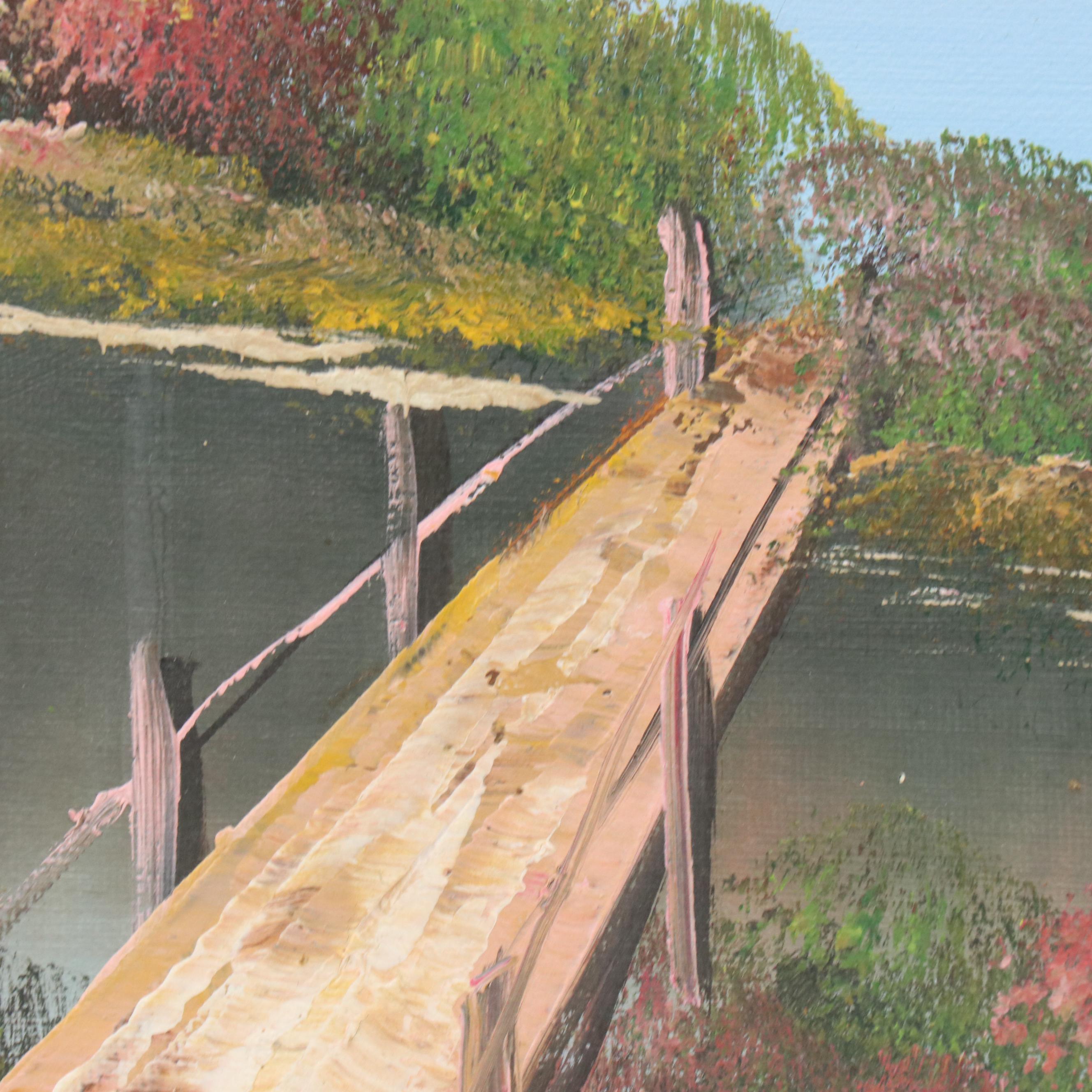 Idyllic Lake Landscape With Cottage Oil Painting, Mid-20th Century