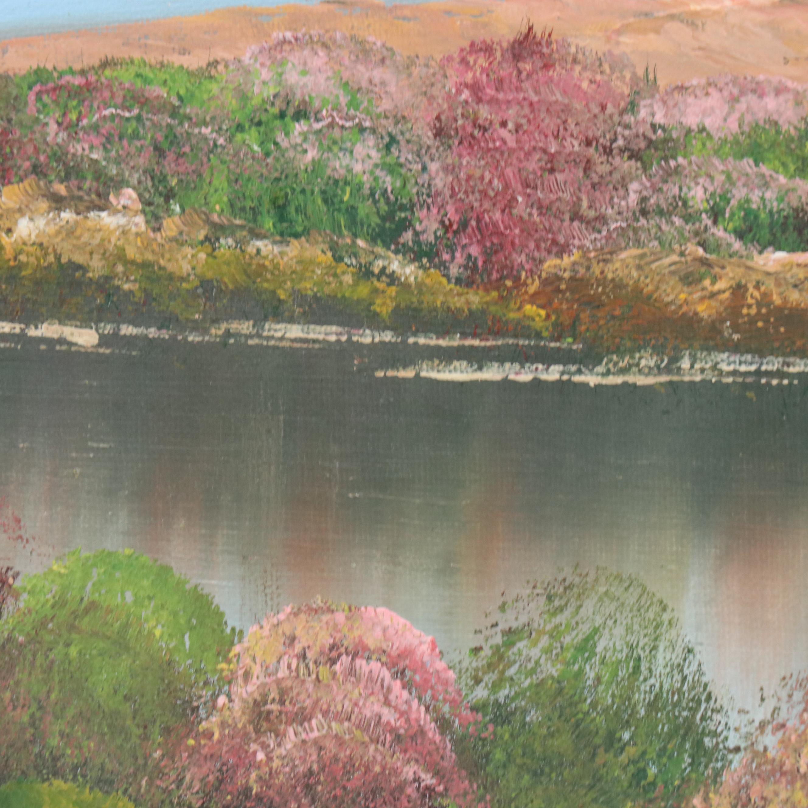 Idyllic Lake Landscape With Cottage Oil Painting, Mid-20th Century