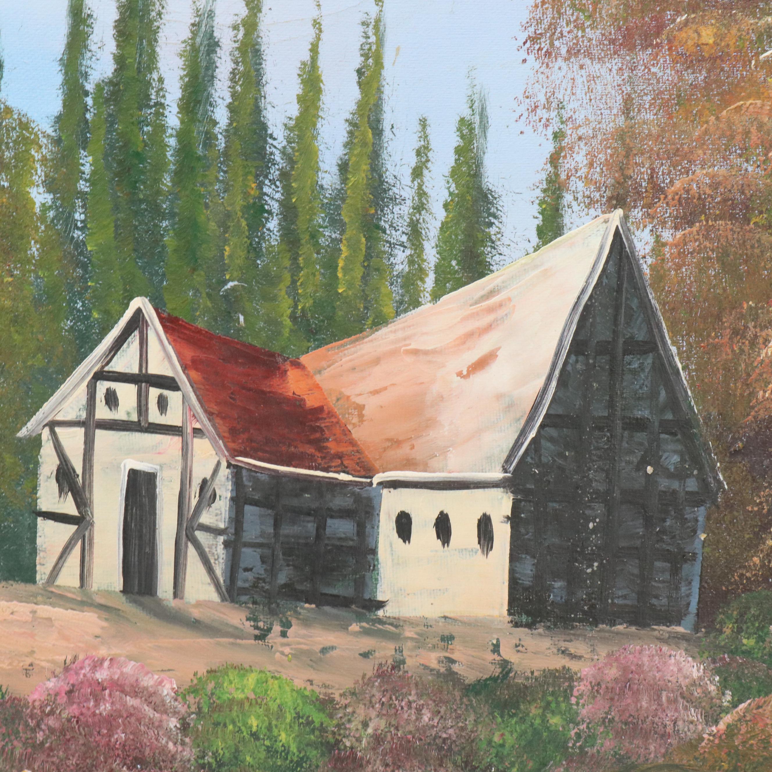 Idyllic Lake Landscape With Cottage Oil Painting, Mid-20th Century