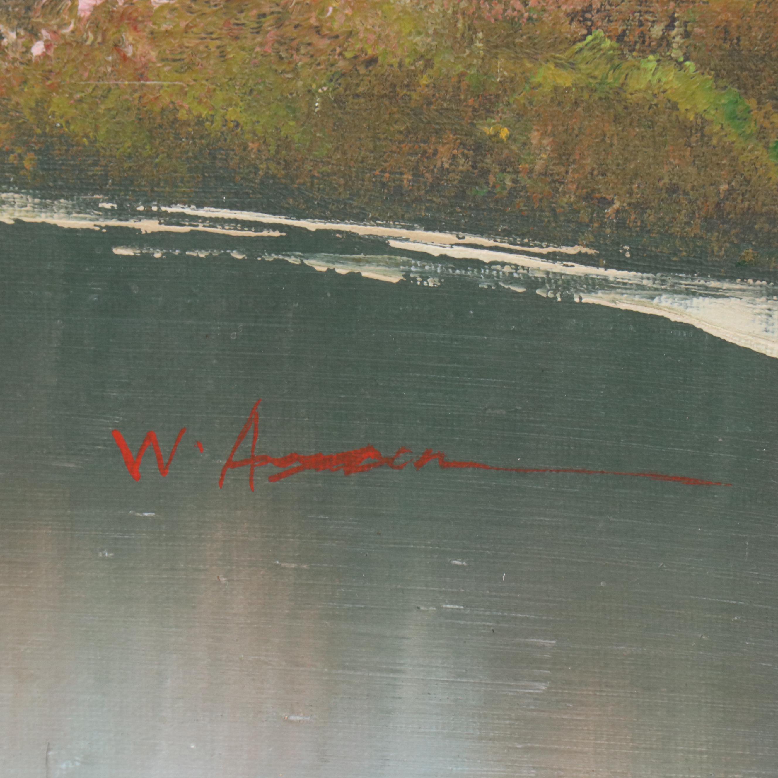 Idyllic Lake Landscape With Cottage Oil Painting, Mid-20th Century