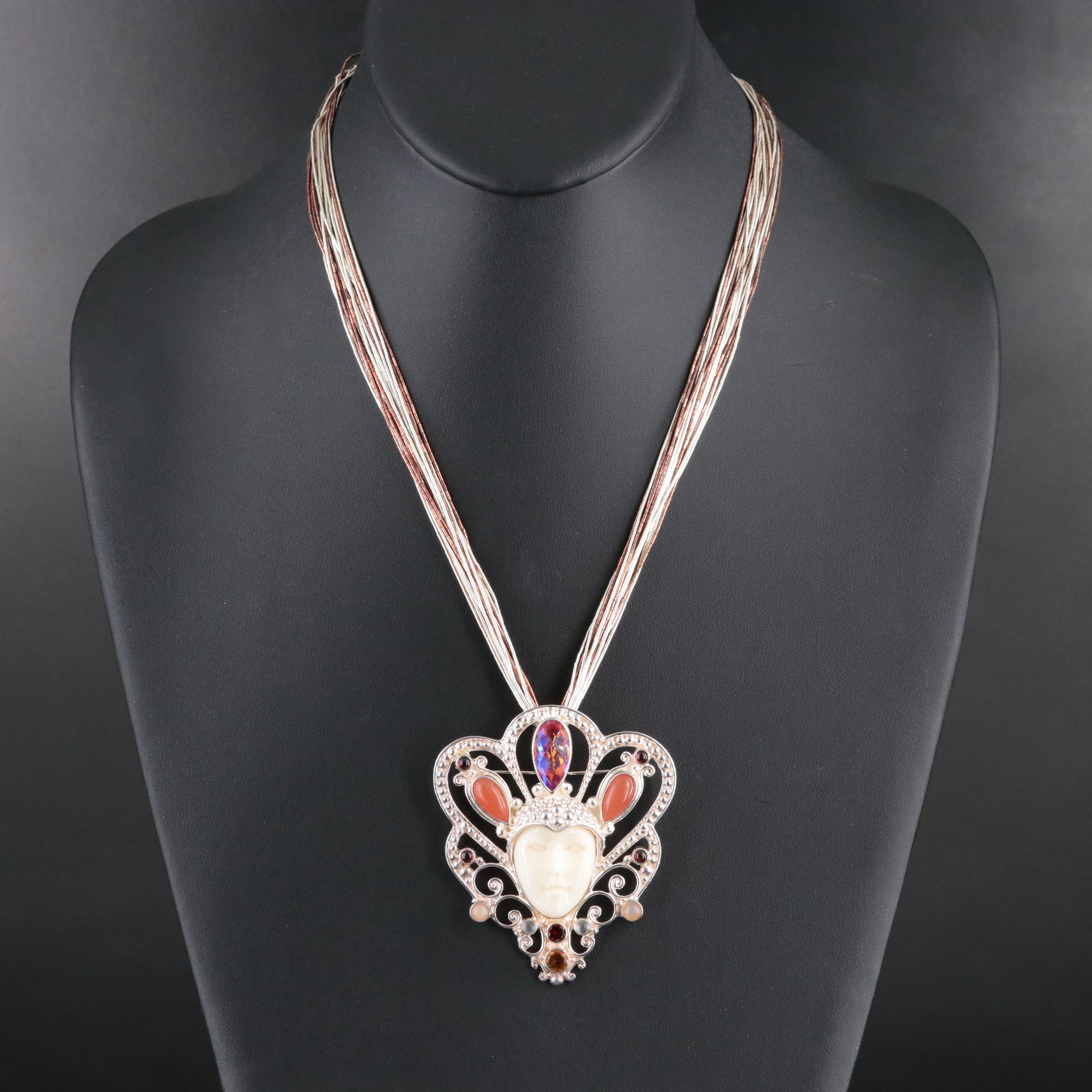 Sajen Sterling Convertible Gemstone  Brooch on Liquid Silver Chain