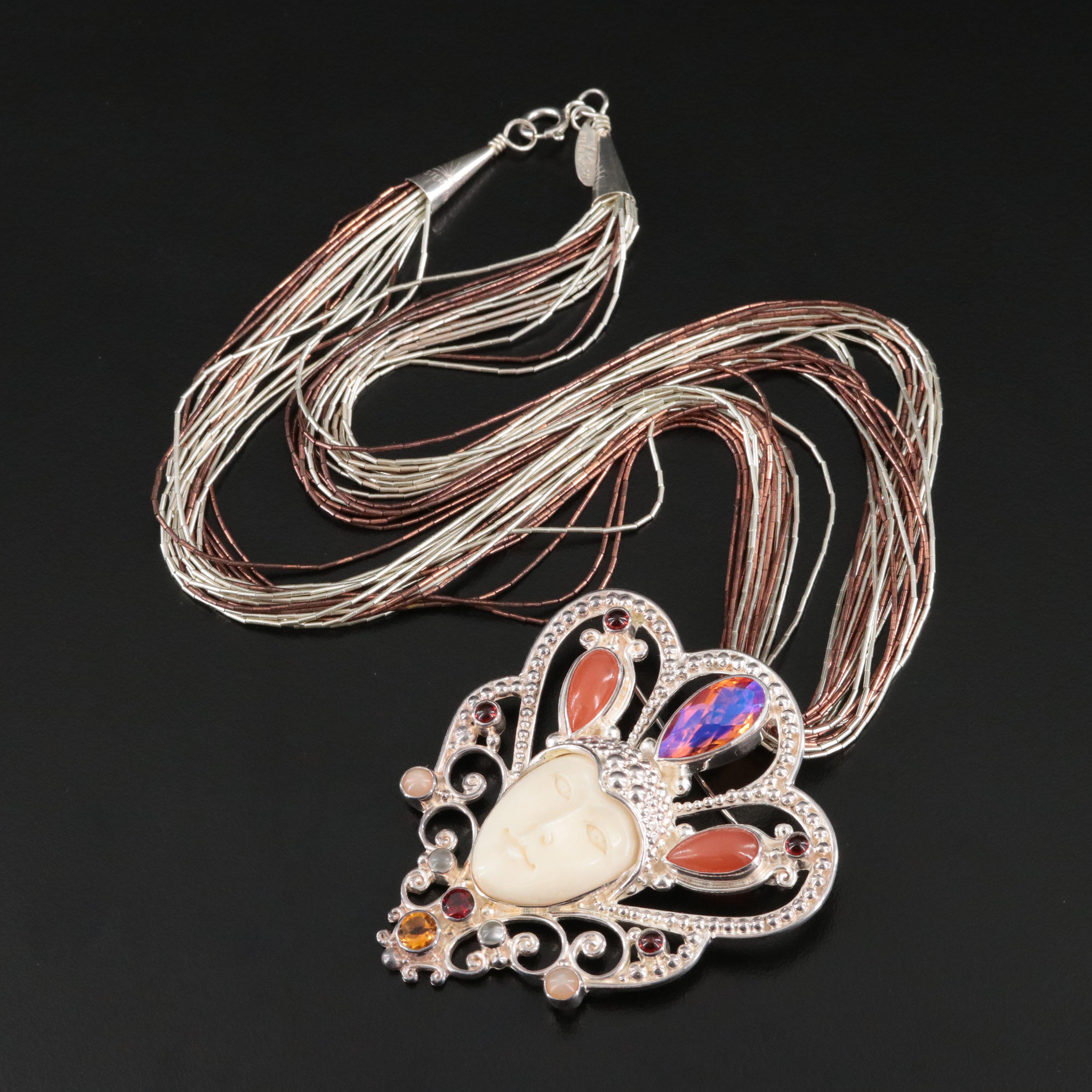 Sajen Sterling Convertible Gemstone  Brooch on Liquid Silver Chain