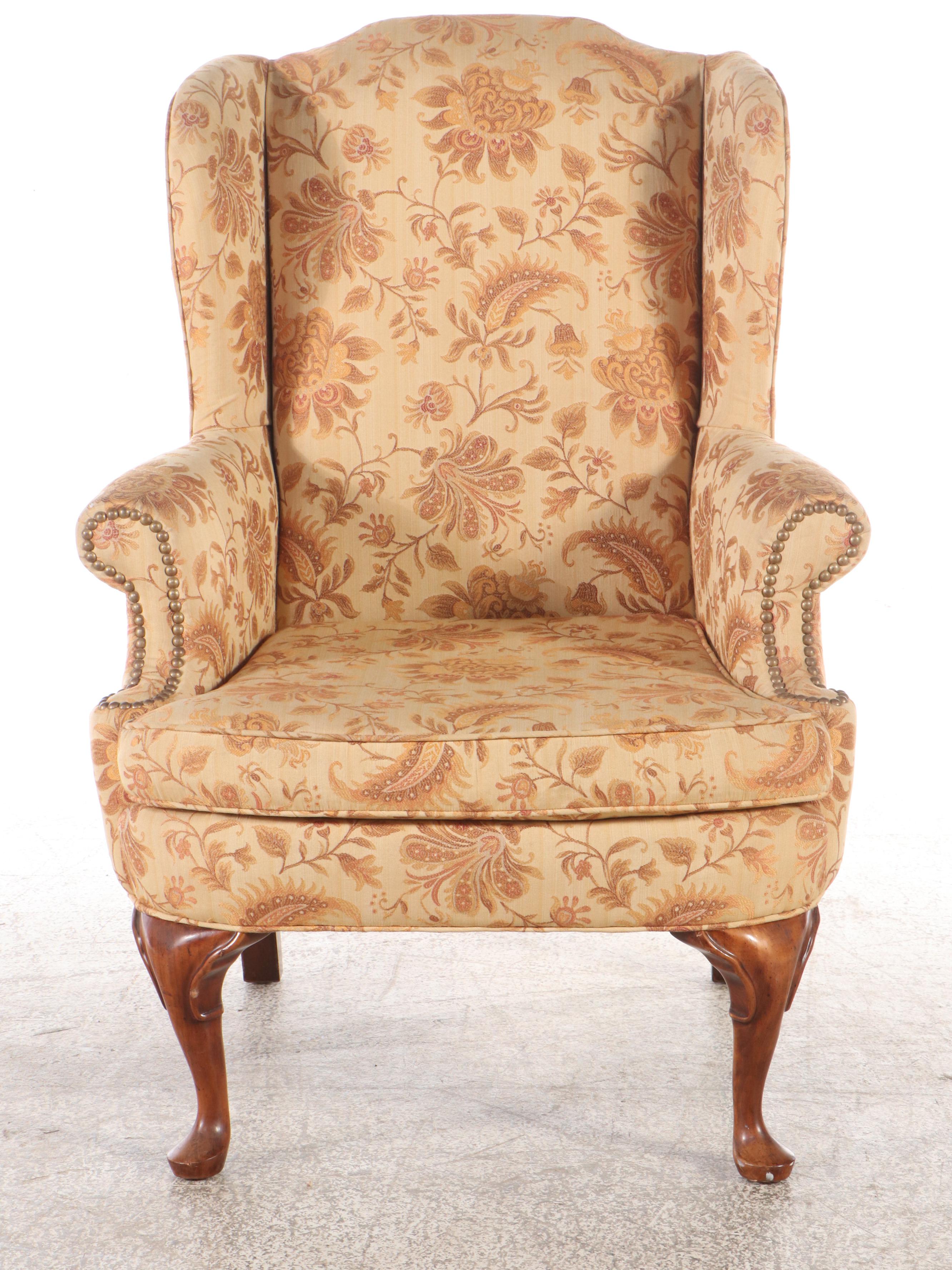 Pair of Queen Anne Style Damask Wingback Armchairs with Ottoman