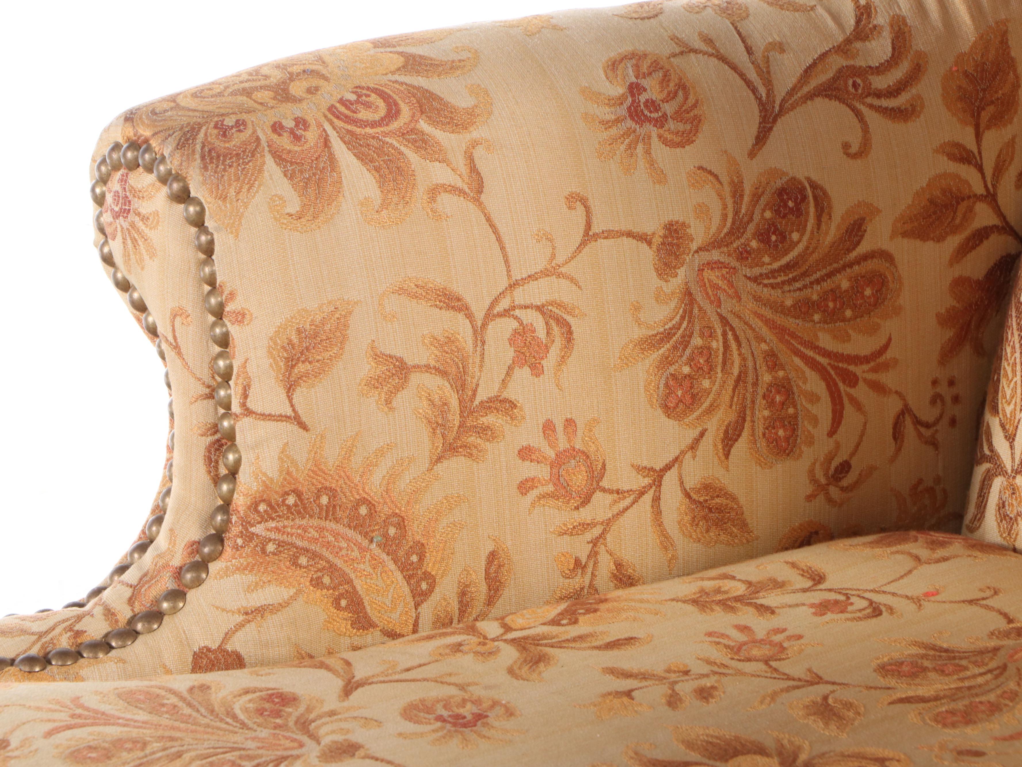 Pair of Queen Anne Style Damask Wingback Armchairs with Ottoman