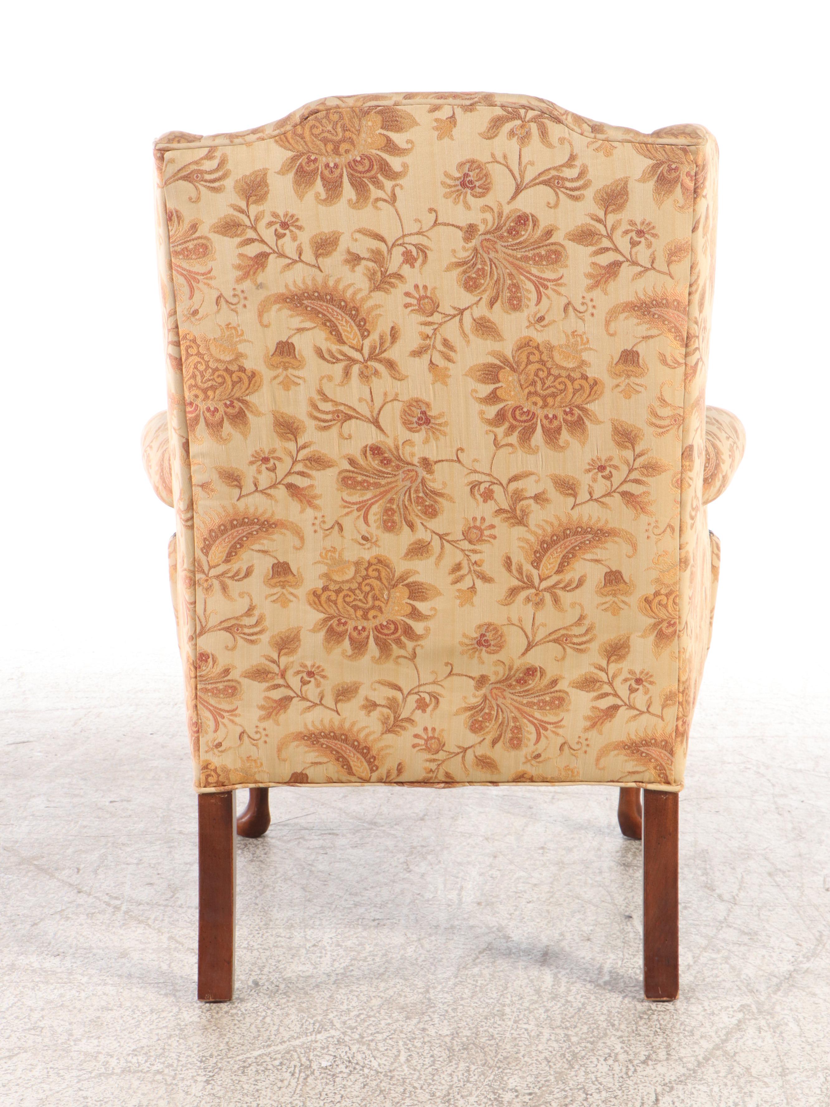 Pair of Queen Anne Style Damask Wingback Armchairs with Ottoman