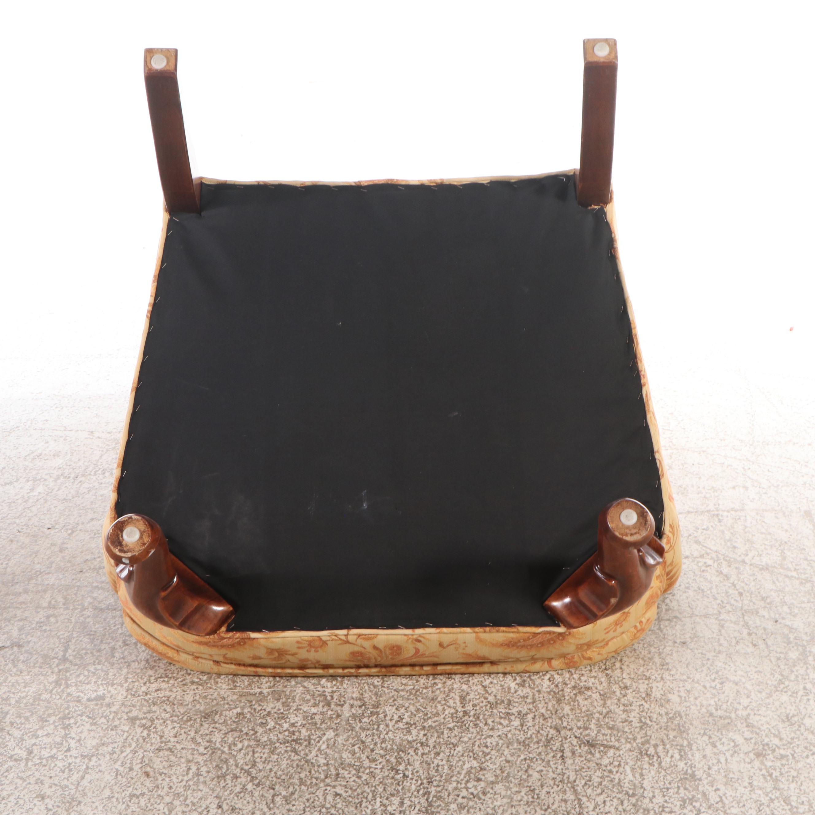 Pair of Queen Anne Style Damask Wingback Armchairs with Ottoman