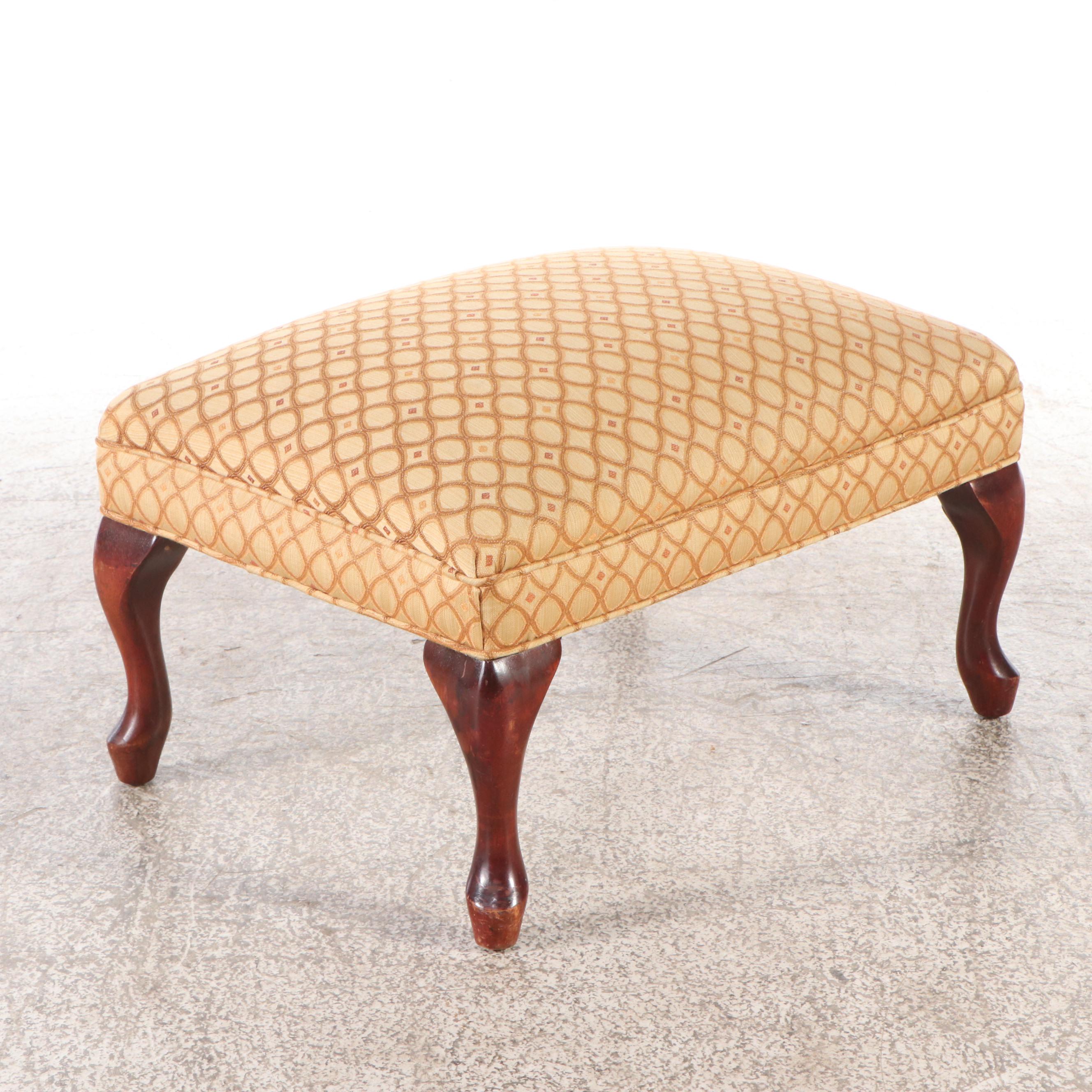 Pair of Queen Anne Style Damask Wingback Armchairs with Ottoman