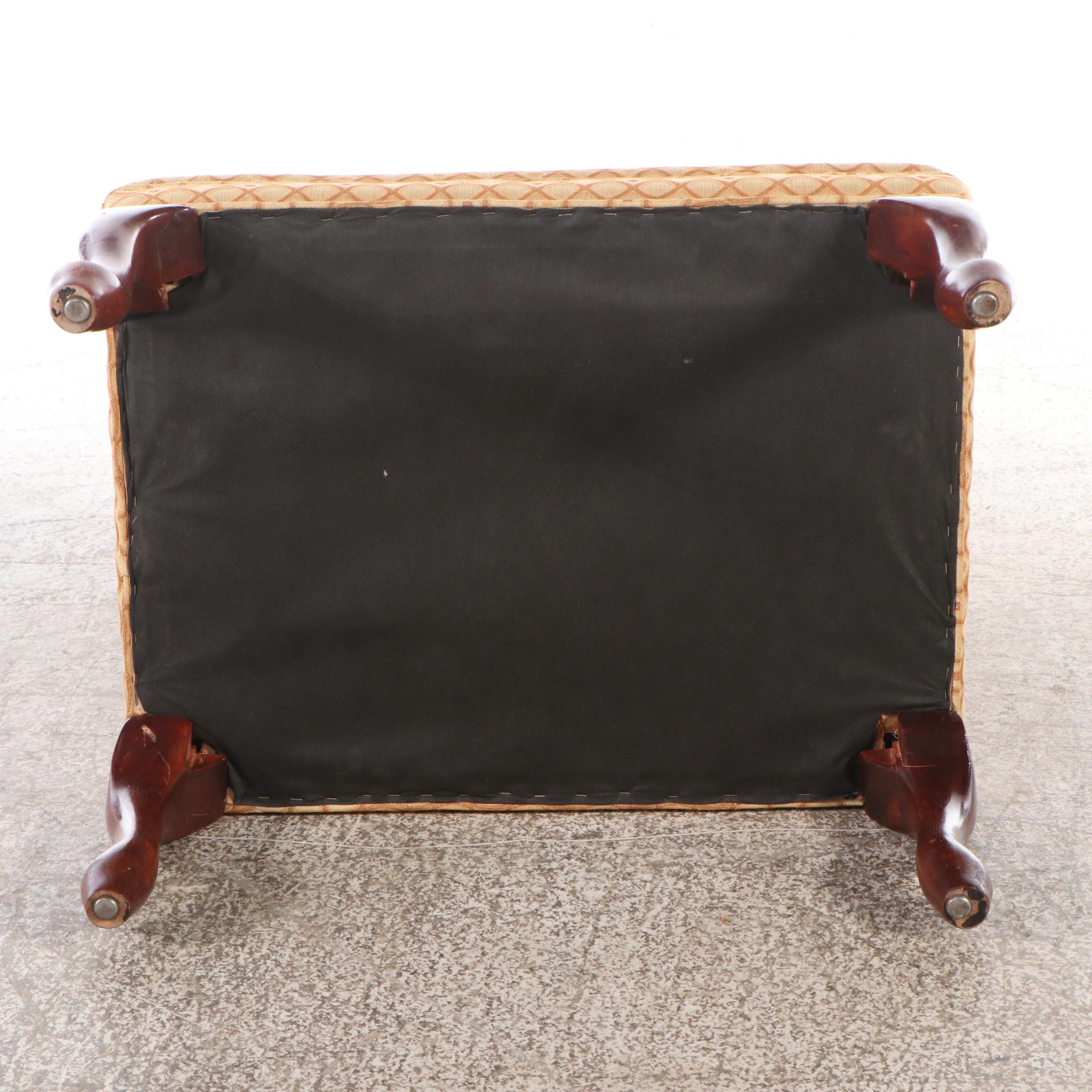 Pair of Queen Anne Style Damask Wingback Armchairs with Ottoman