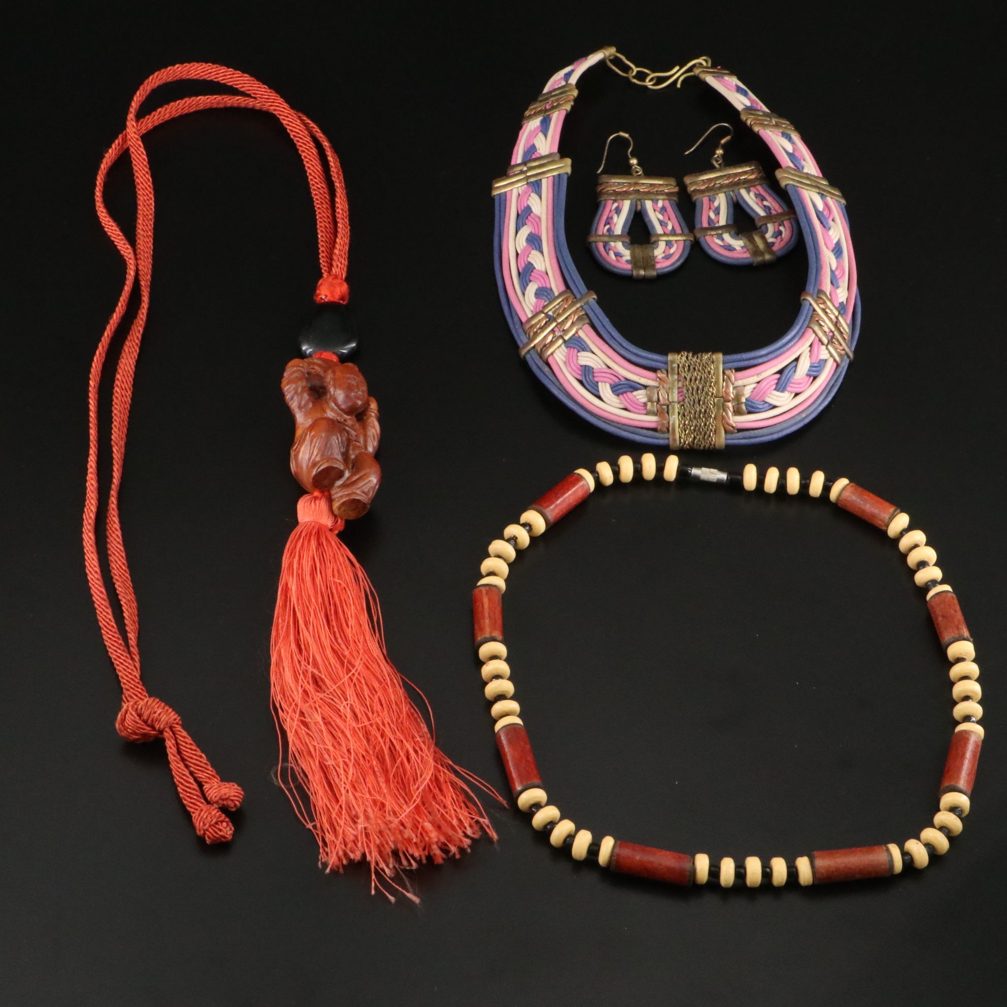 Black Onyx, Wood and Tassel Necklace Featured in Jewelry Selection