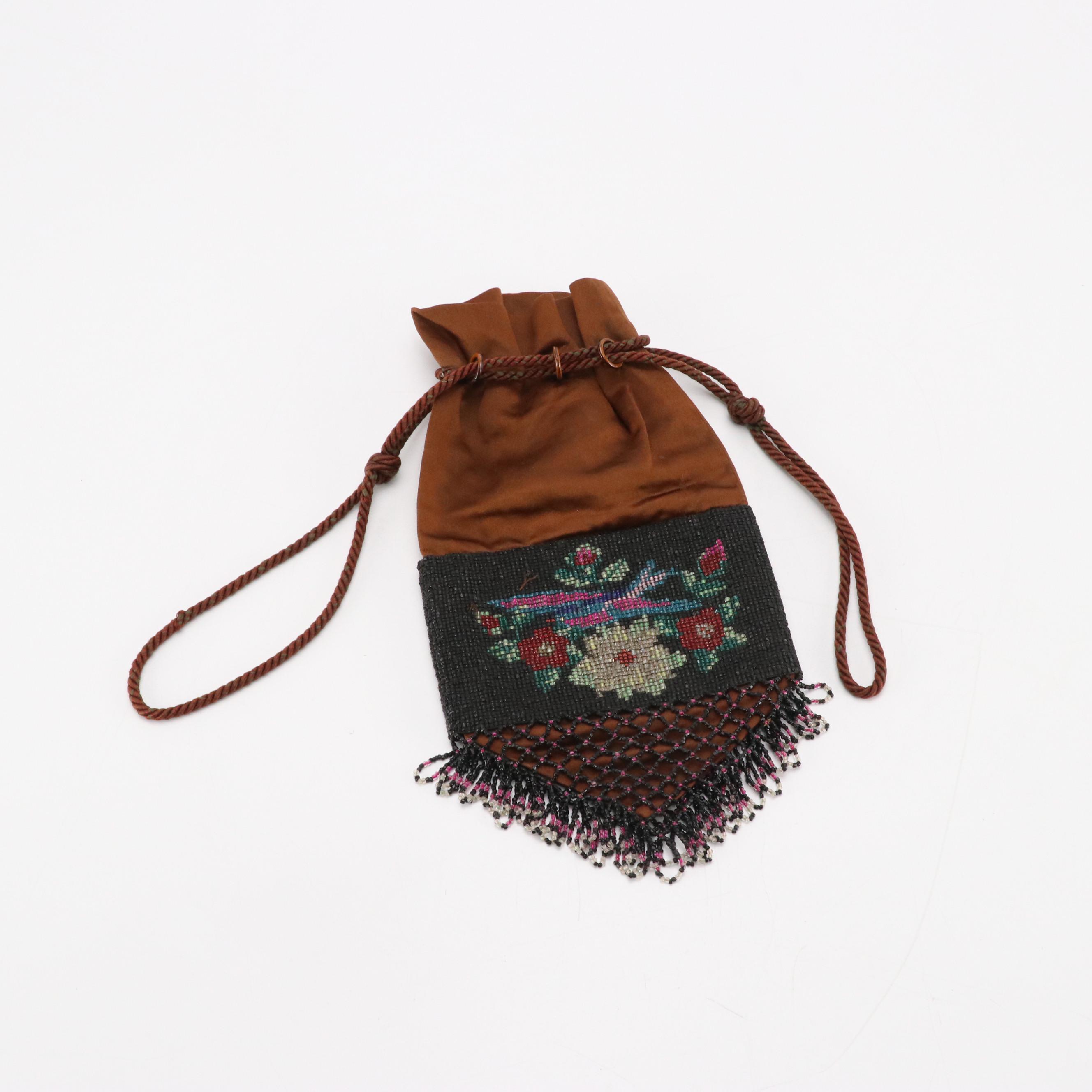 Glass Bead and Satin Drawstring Evening Bag, circa 1930