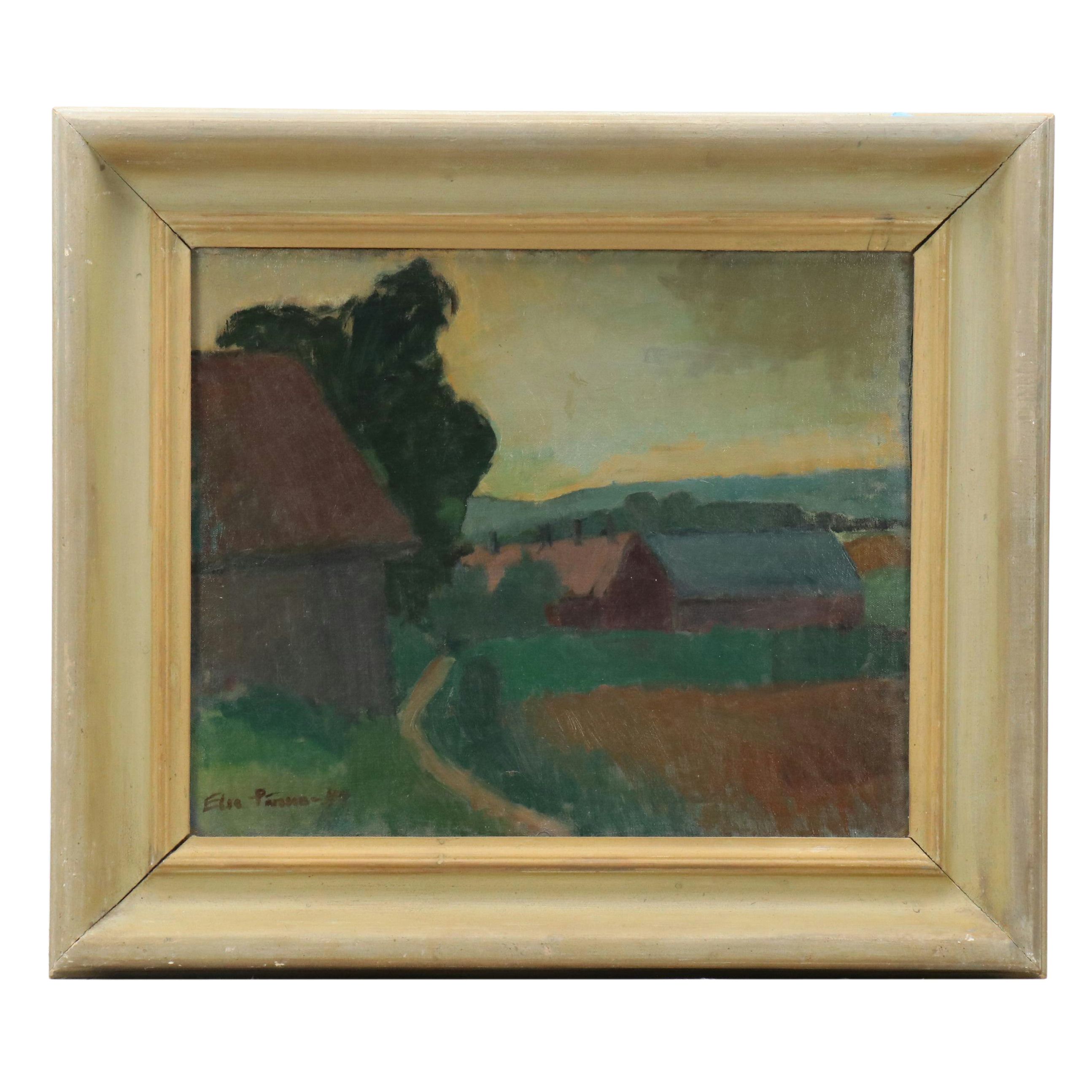 Village Landscape Oil Painting Signed Elsa Pārsson, 1944