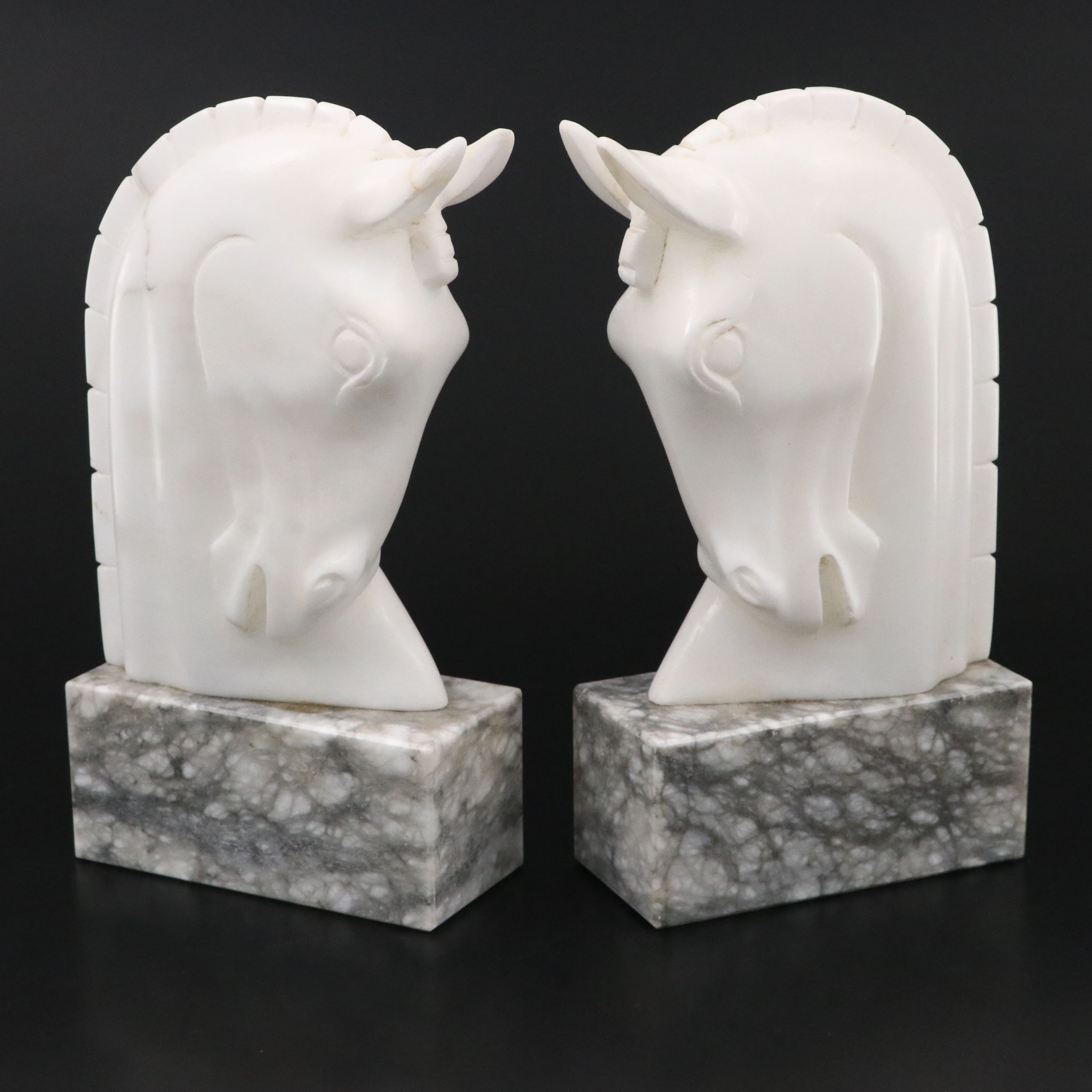 Art Deco Style Carved Stone Horse Head Bookends on Marble Bases