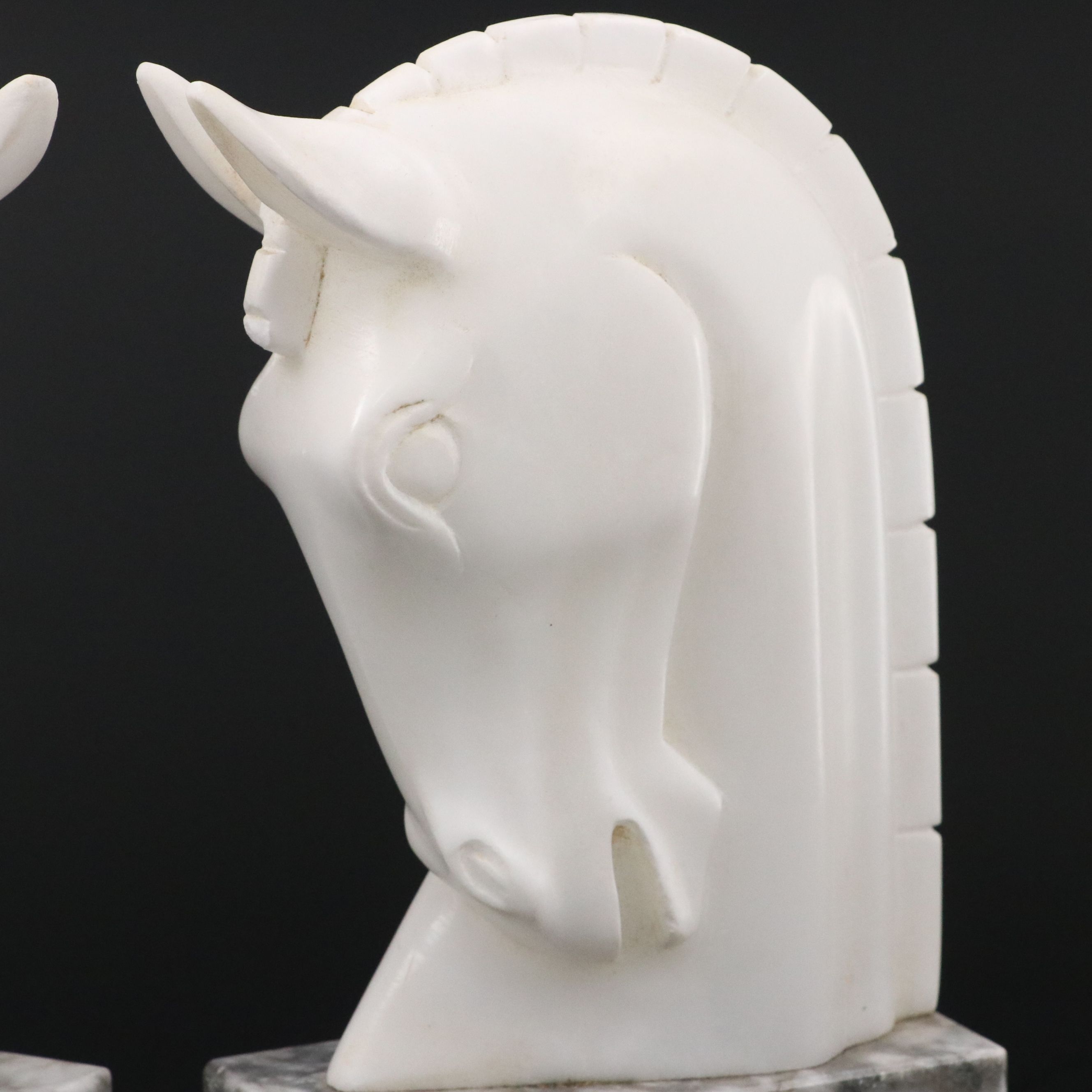 Art Deco Style Carved Stone Horse Head Bookends on Marble Bases